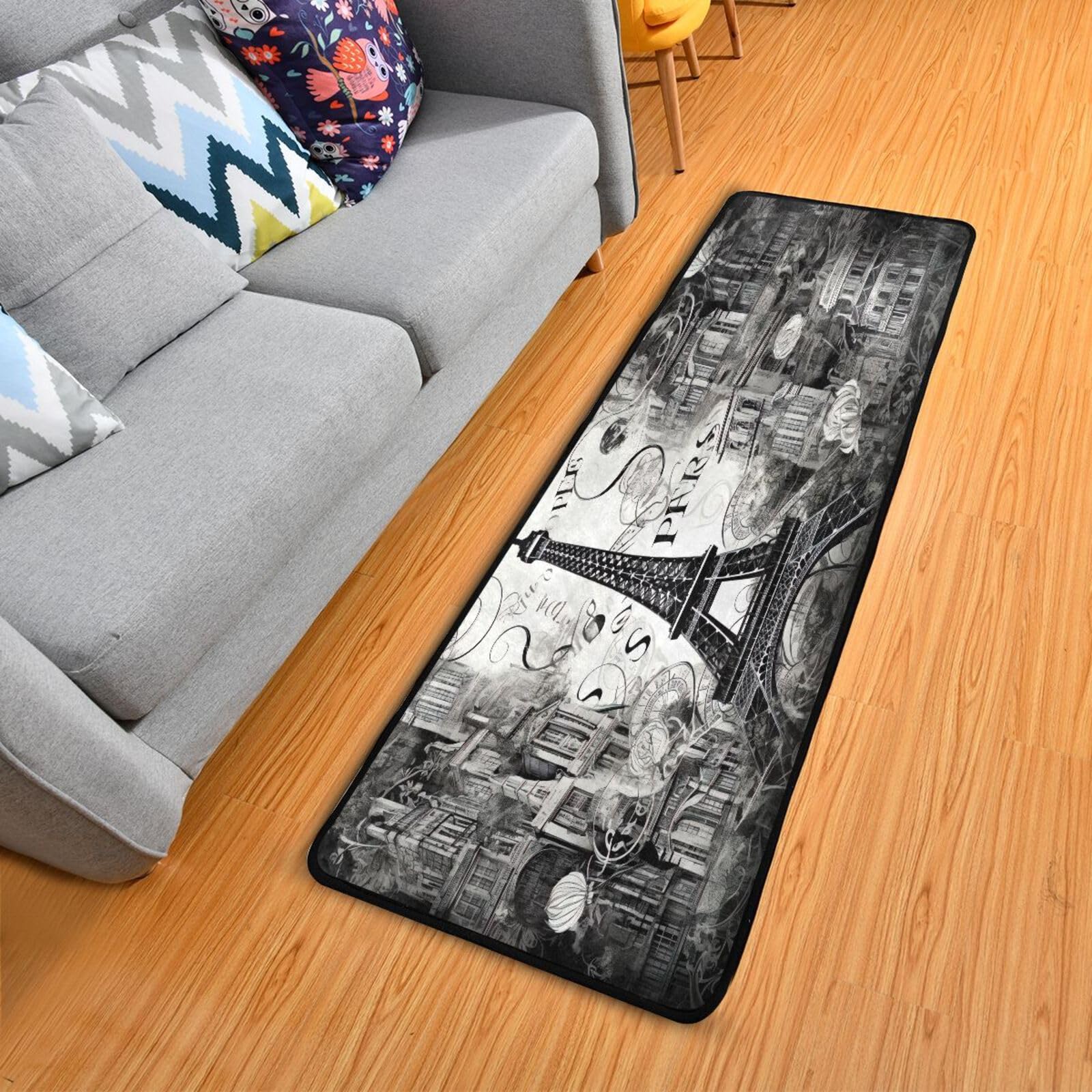 Kigai Romantic Paris Runner Rug 24x72 Inch Hallway Runner Rug Washable Laundry Room Rug Non Slip Carpet Runner Area Rugs for Farmhouse Kitchen Living Room Entryway Home Decor