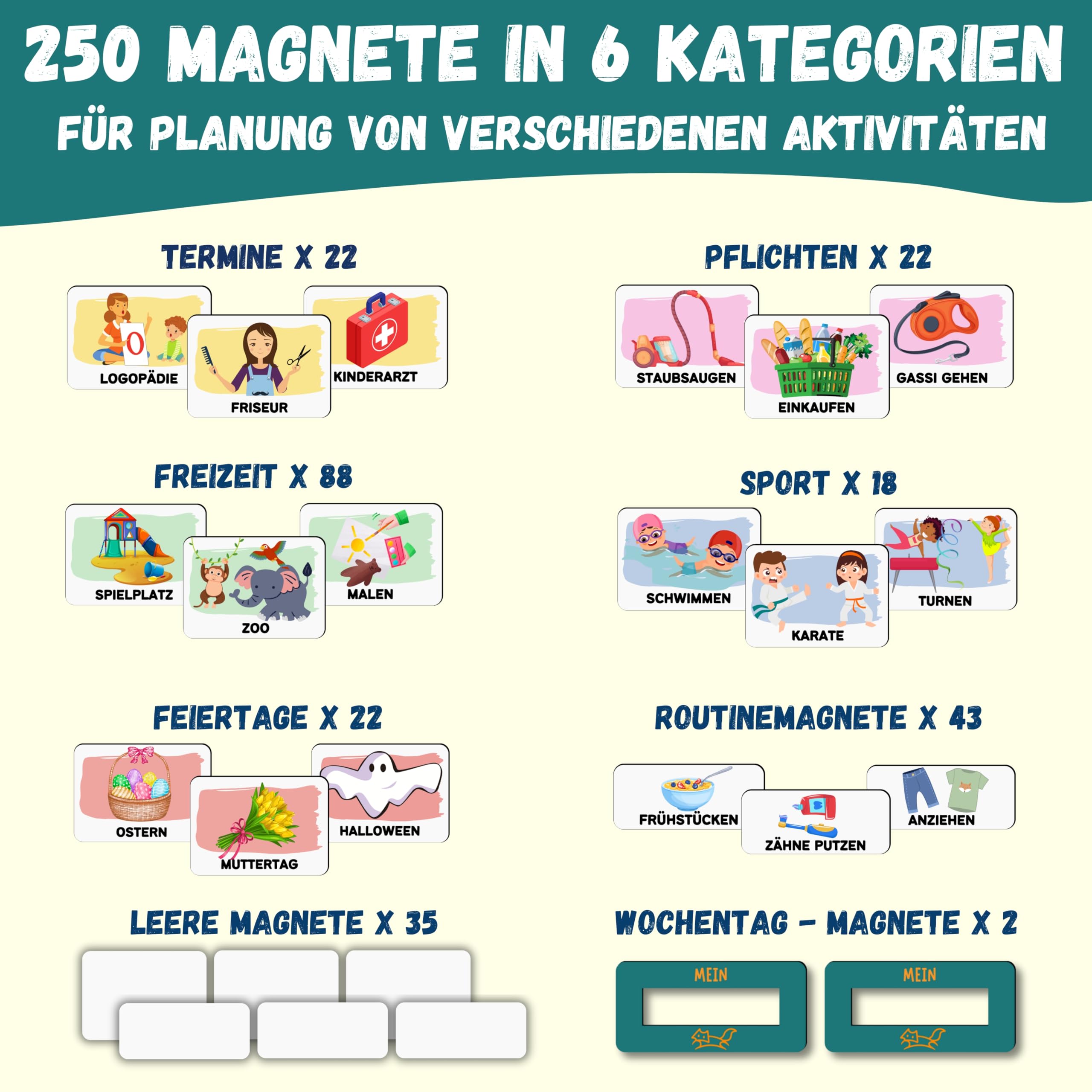 Montessori, agenda settimanale per bambini, lavagna magnetica con 250 magneti, scatola portaoggetti, cordoncino e penna, scrivibile e lavabile, agenda di routine per bambini (verde)