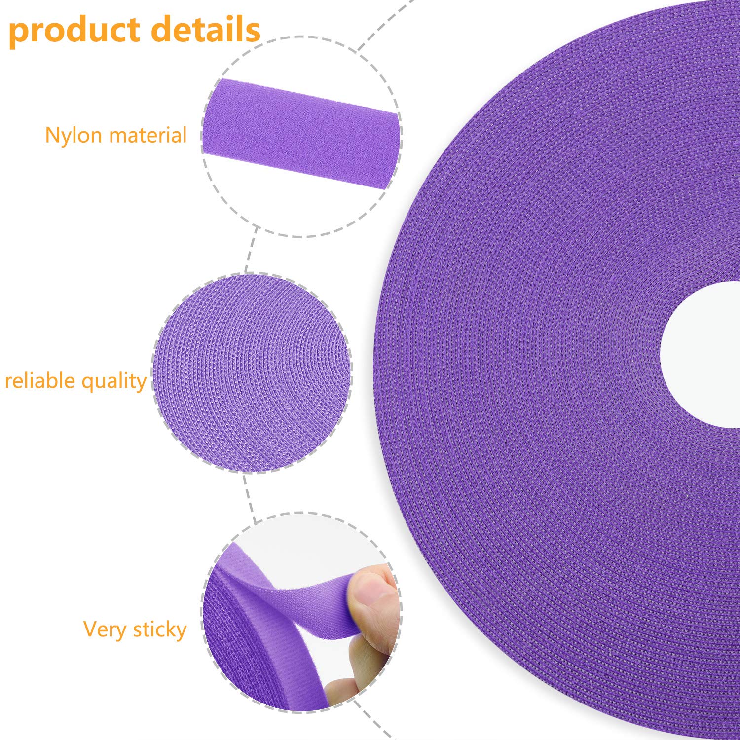 Cinta de sujeción reutilizable, organizador de cables, rollo de gancho de doble cara de 3/4 pulgadas (25 yardas, morado)