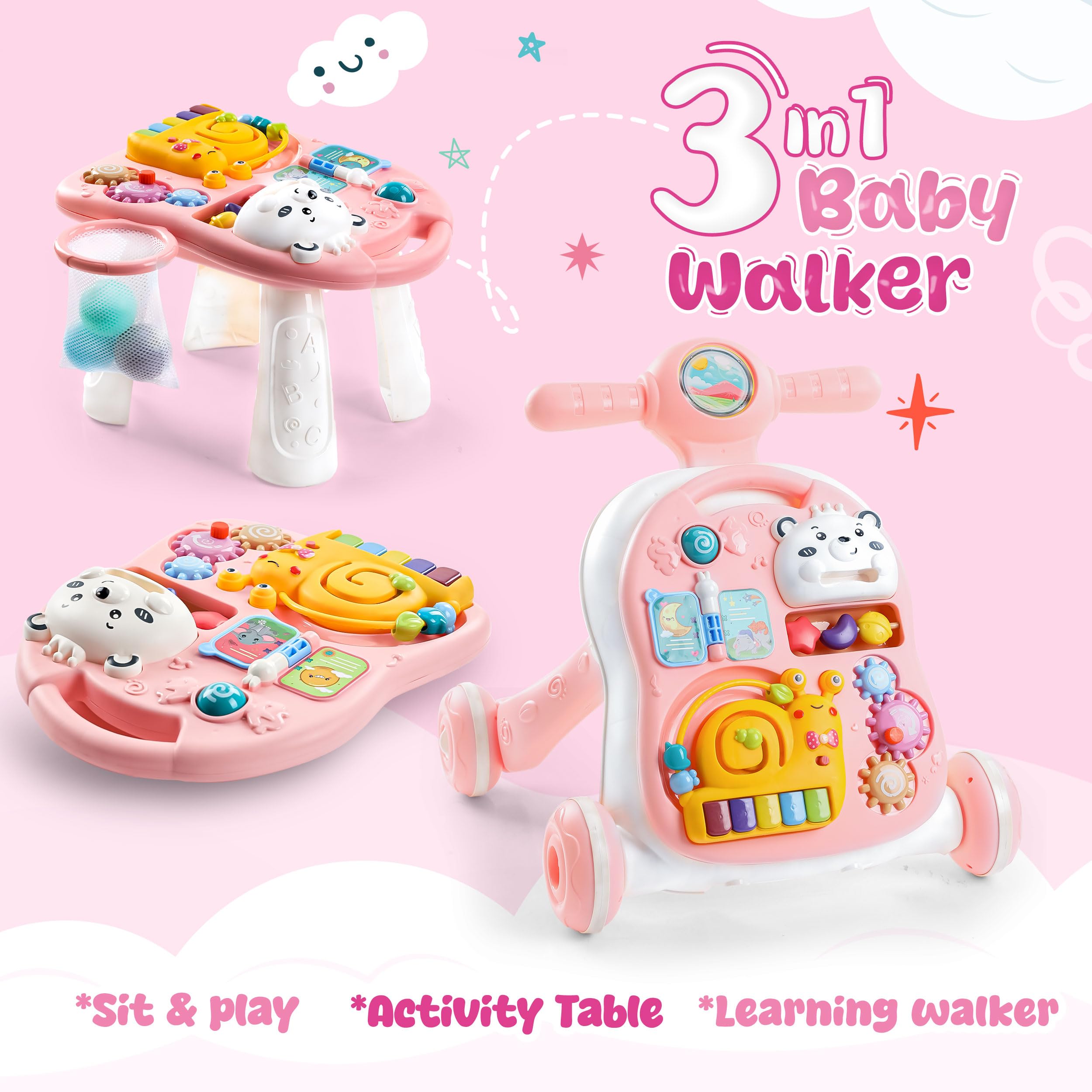 YOLAY 3 in 1 Baby Walker Push with Wheels, Sit-to-Stand Foldable Walker for Baby Boy and Girl 6-12 Months with Detachable Play Panel, Stable Handle, Early Learning Activity for Kids (Pink)