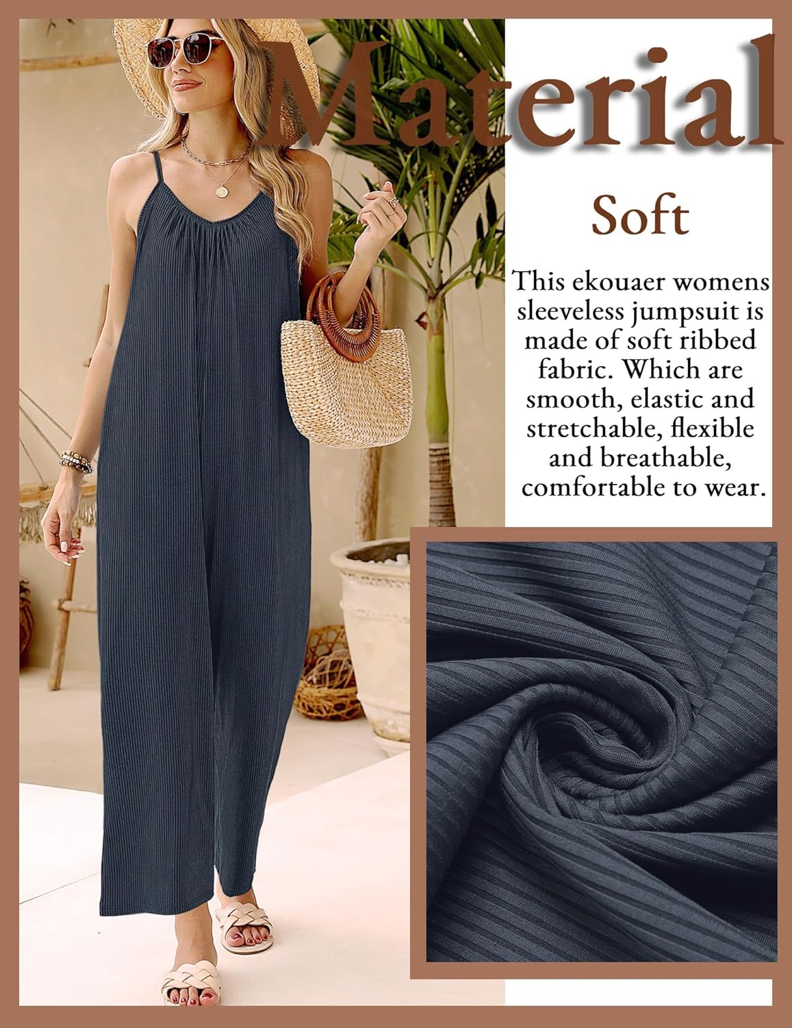 Ekouaer Jumpsuits for Women Loose Sleeveless Adjustable Spaghetti Strap Romper Stretchy Wide Leg Pants Outfits with Pockets - Image 2