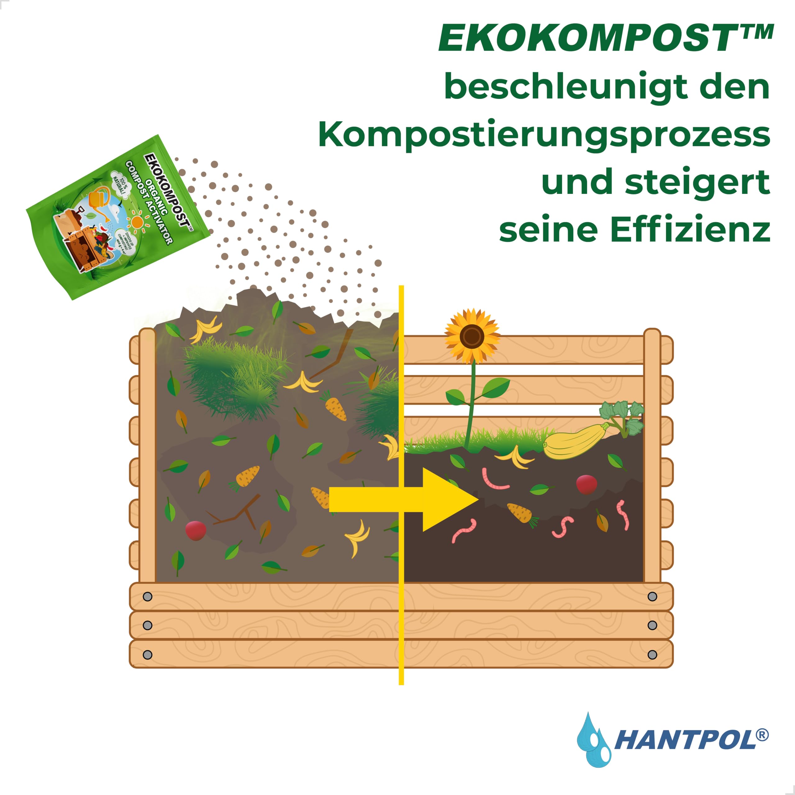 EKOKOMPOST Kompostbeschleuniger - Natürliche Mikrobiologische Kompostierhilfe - Schnellere Kompostierung durch Nutzbakterien - Für alle Kompostbehälter - 2x 400g für 8.000 L/ 8m3 Kompost