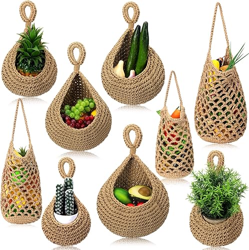 9 cestas de frutas colgantes de yute para cocina, cesta colgante bohemia tejida de pared, cesta de almacenamiento de ajo para papa, cebolla,
