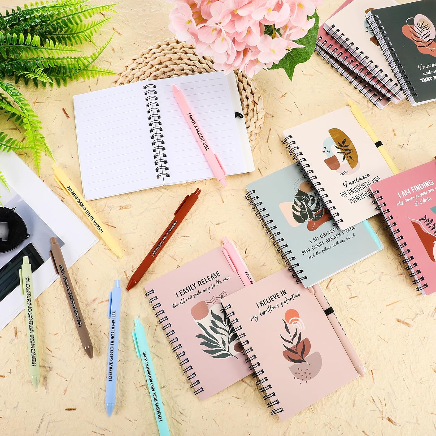 Kosiz 48 Pcs/24 Set Positive Affirmation Gifts Bulk for Women Gratitude Spiral Journals with Pens Motivational Notebooks Mothers Day Gifts for Mom Employee Coworker Teacher Nurse Volunteer (Plant)