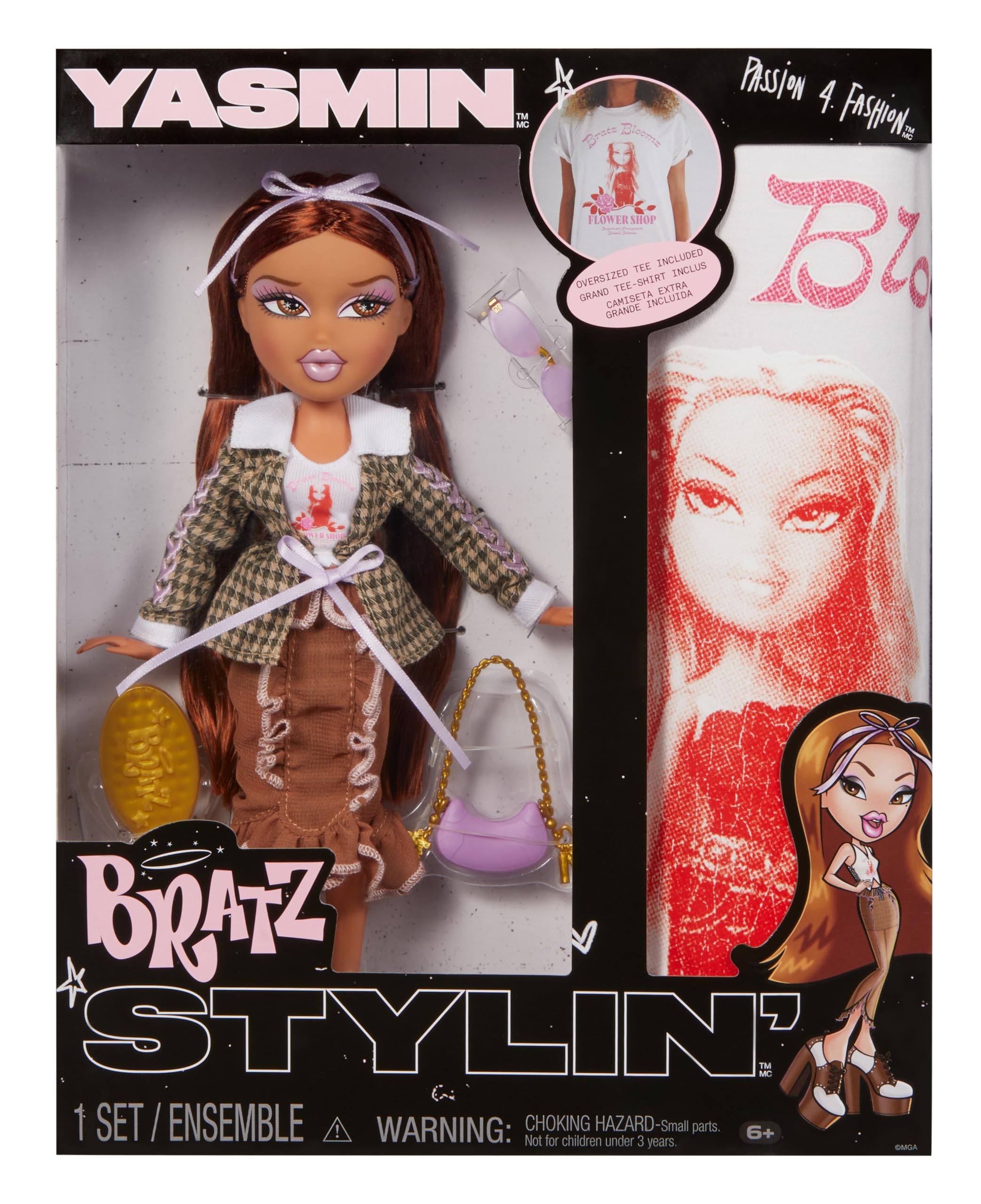 Bratz Stylin' Yasmin - Fashion Doll with Customisable T-Shirt for You, Comes with Accessories, Cute Toys for Girls