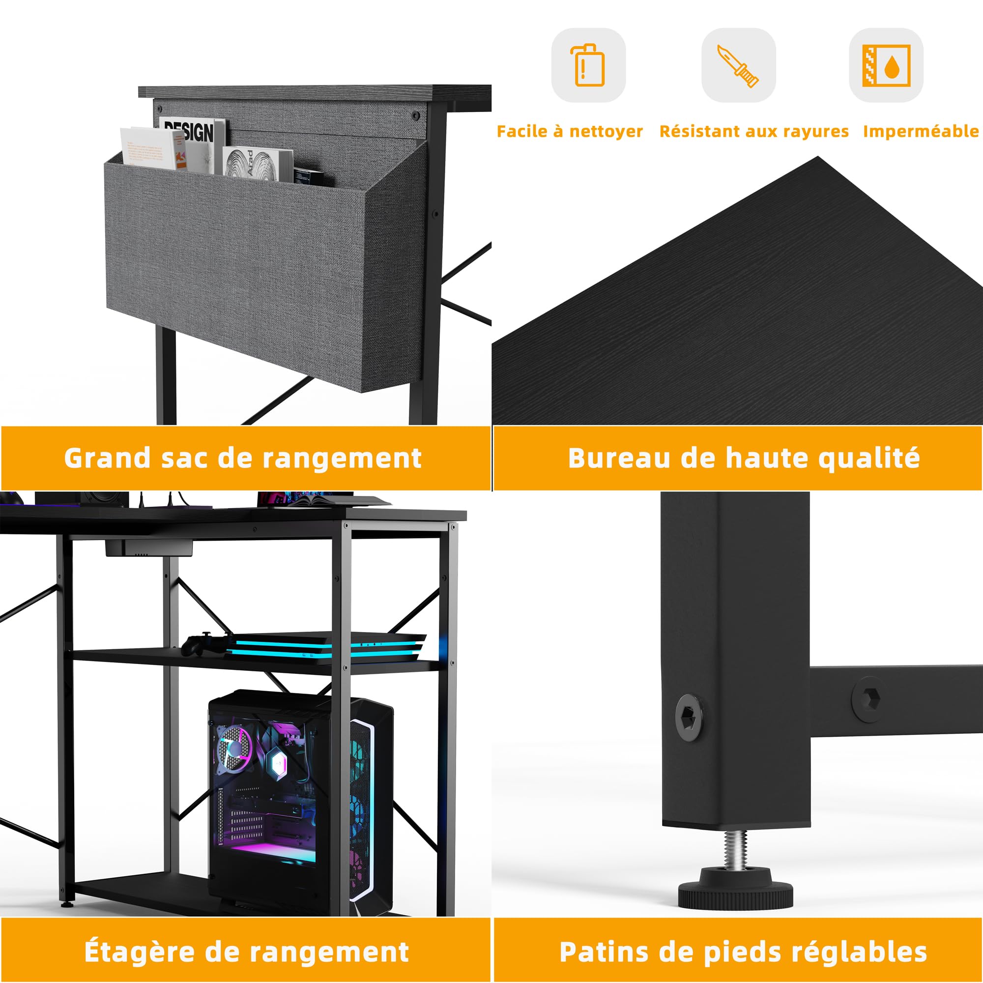BEXEVUE Scrivania ad Angolo Computer - 120x70 cm Scrivania a Forma L Ripiani Portaoggetti, Tavolino Angolare Reversibile, Scrivania Gaming Gamer Informatica, Studio Gioco Lavoro Casa Camera da Letto