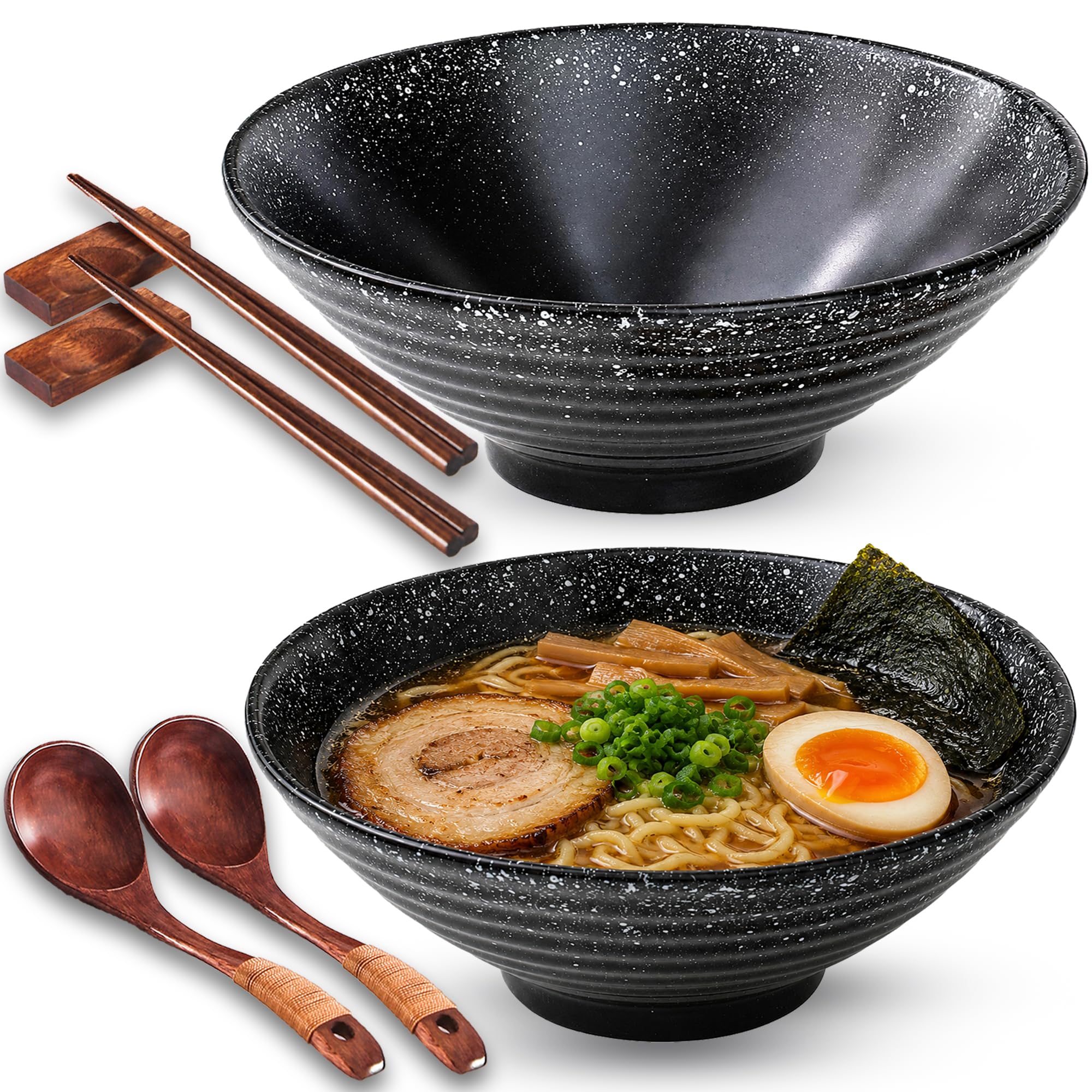 ECLIO Porcelain Ramen Bowl Set of 2-1000ml 34-Oz with Wooden Chopsticks, Spoons & Rests-Japanese Large Ramen Bowl for Noodle Soup Salad Pho Cereal Pasta-Microwave & Dishwasher Safe-Presentable Gift