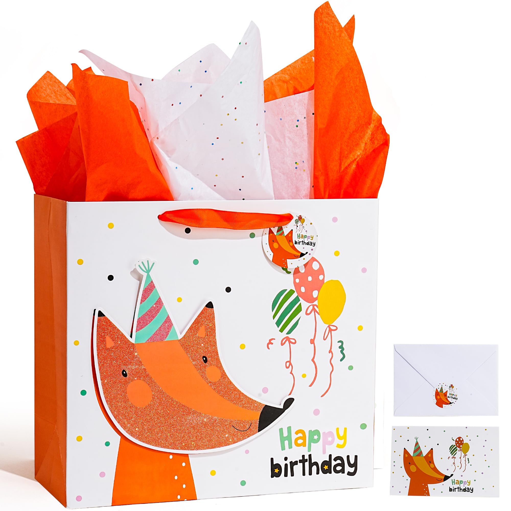 Enfoldia 35cm Large Fox Orange Birthday Gift Bag for Kids with Greeting Card Tissue Paper 3D Making Glitter Design Gift Wrap Bags for Baby Shower, Boys Girls Happy Birthday Celebration Party