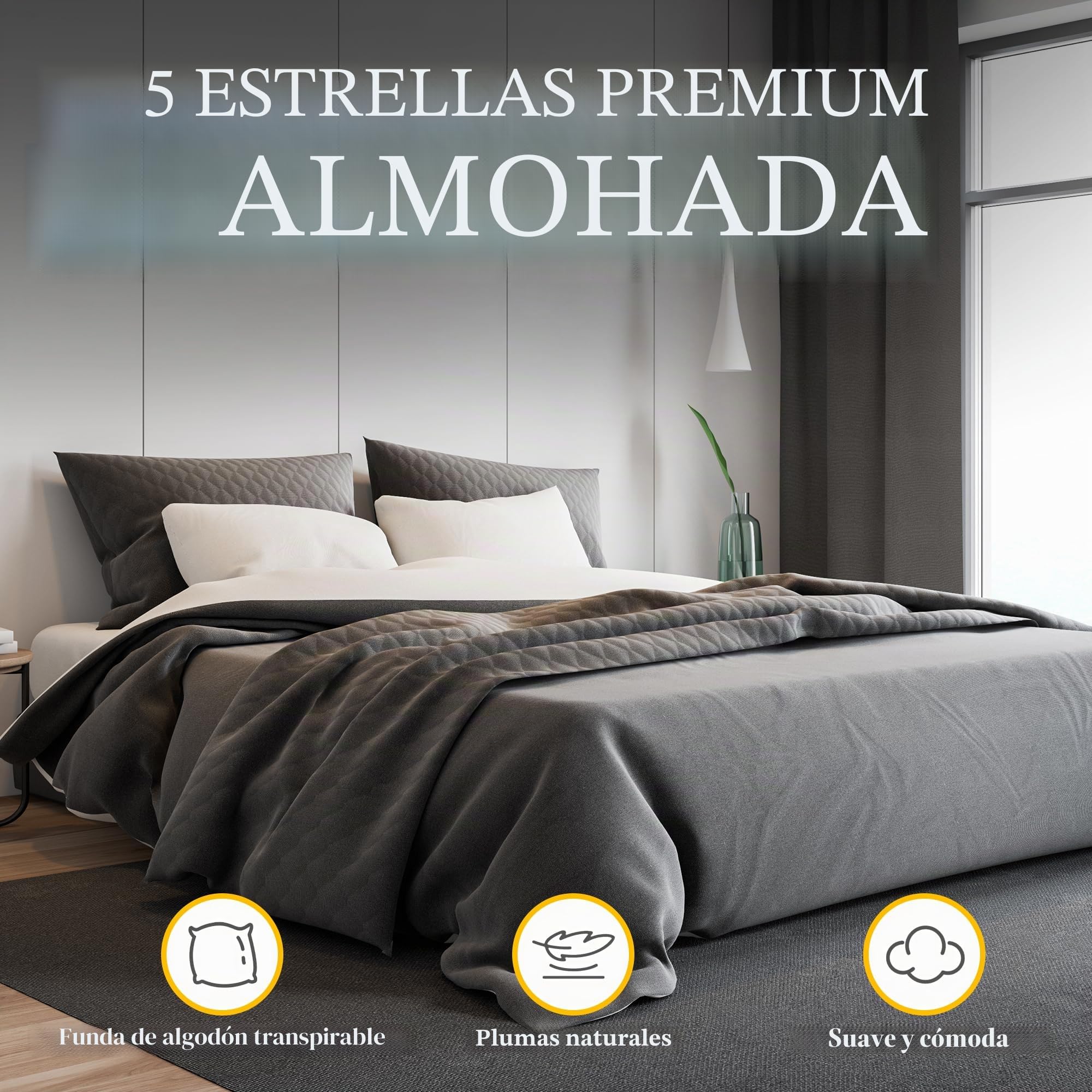 Orange Wave Almohada de Plumas 80x80cm – Cojín de Lujo de 80x80 cm con Plumón y Plumas Naturales, Comodidad Suave y Ergonómica para un Soporte Noches Placenteras, certificada RDS y Oeko-Tex