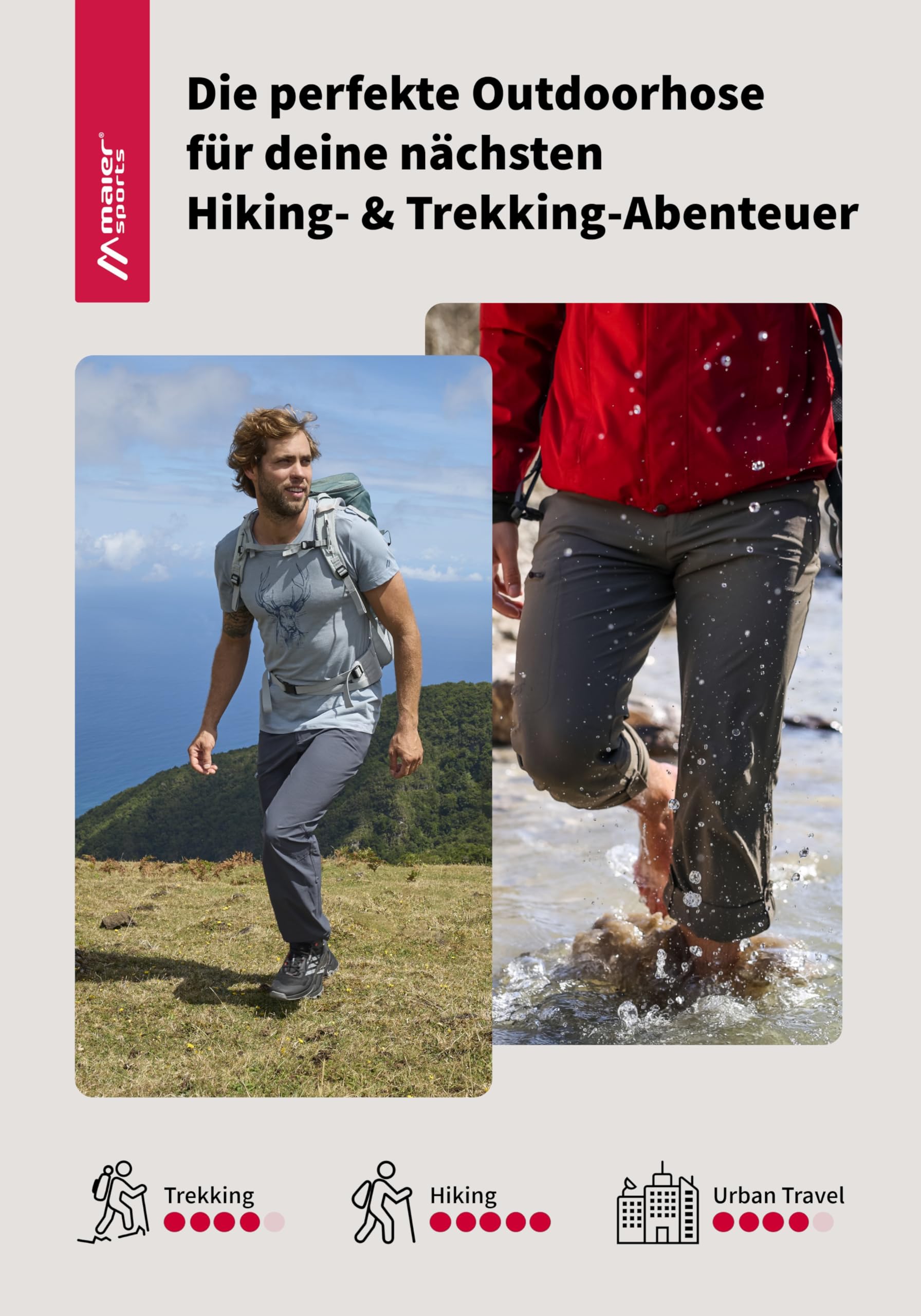 Maier Sports Nil, Pantalon de randonnée pour homme, Pantalon outdoor déperlant pour le trekking et la randonnée, Sans PFC, mSTRETCH pro 4 et Dryprotec, Fonction rollup