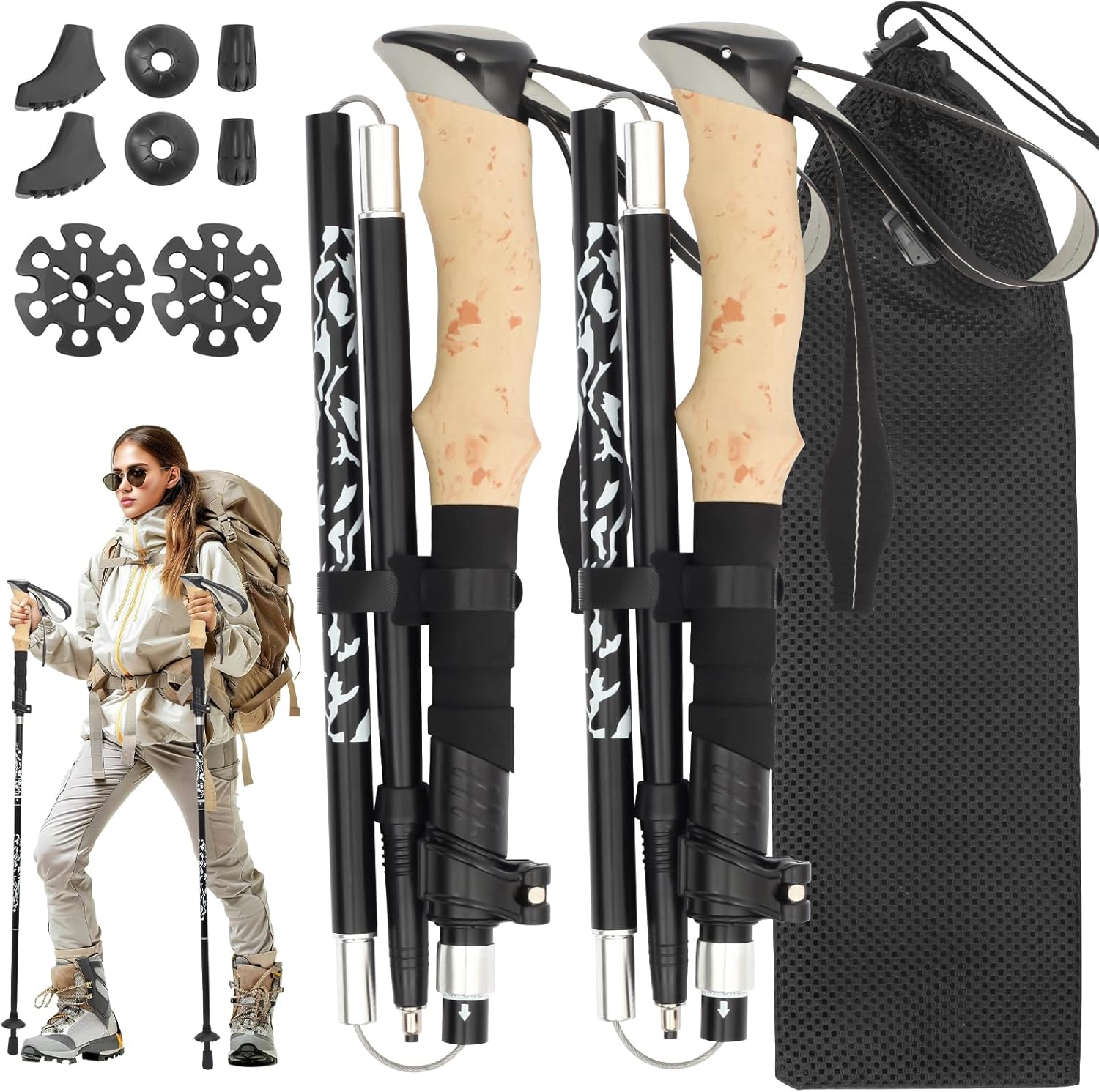 Hiking Poles Collapsible Trekking Poles, Lightweight Folding Walking Stick for Travel with EVA Handle, Walking Stick for Women Men, Adjustable Height, Set of 2 Hiking Poles Collapsible Trekking Poles, Lightweight Folding Walking Stick for Travel with EVA Handle, Walking Stick for Women Men, Adjustable Height, Set of 2