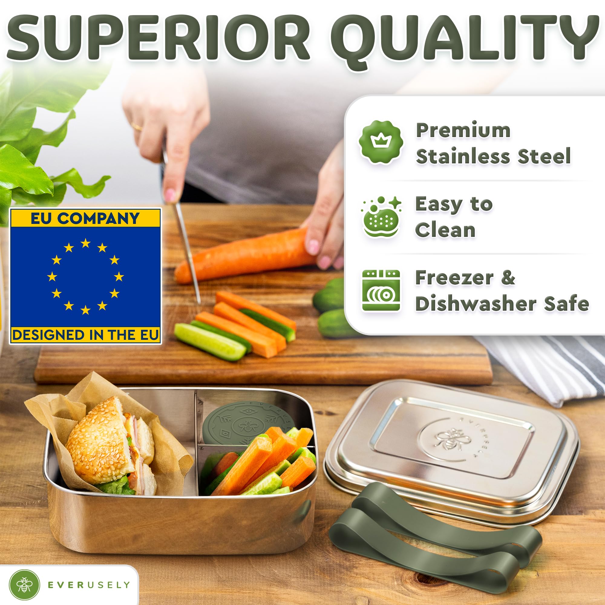 Everusely - Bento Box - Sage - 1,4 L - Lunch box grande in acciaio inox con contenitore per salse a tenuta stagna - Contenitore snack a 3 scomparti