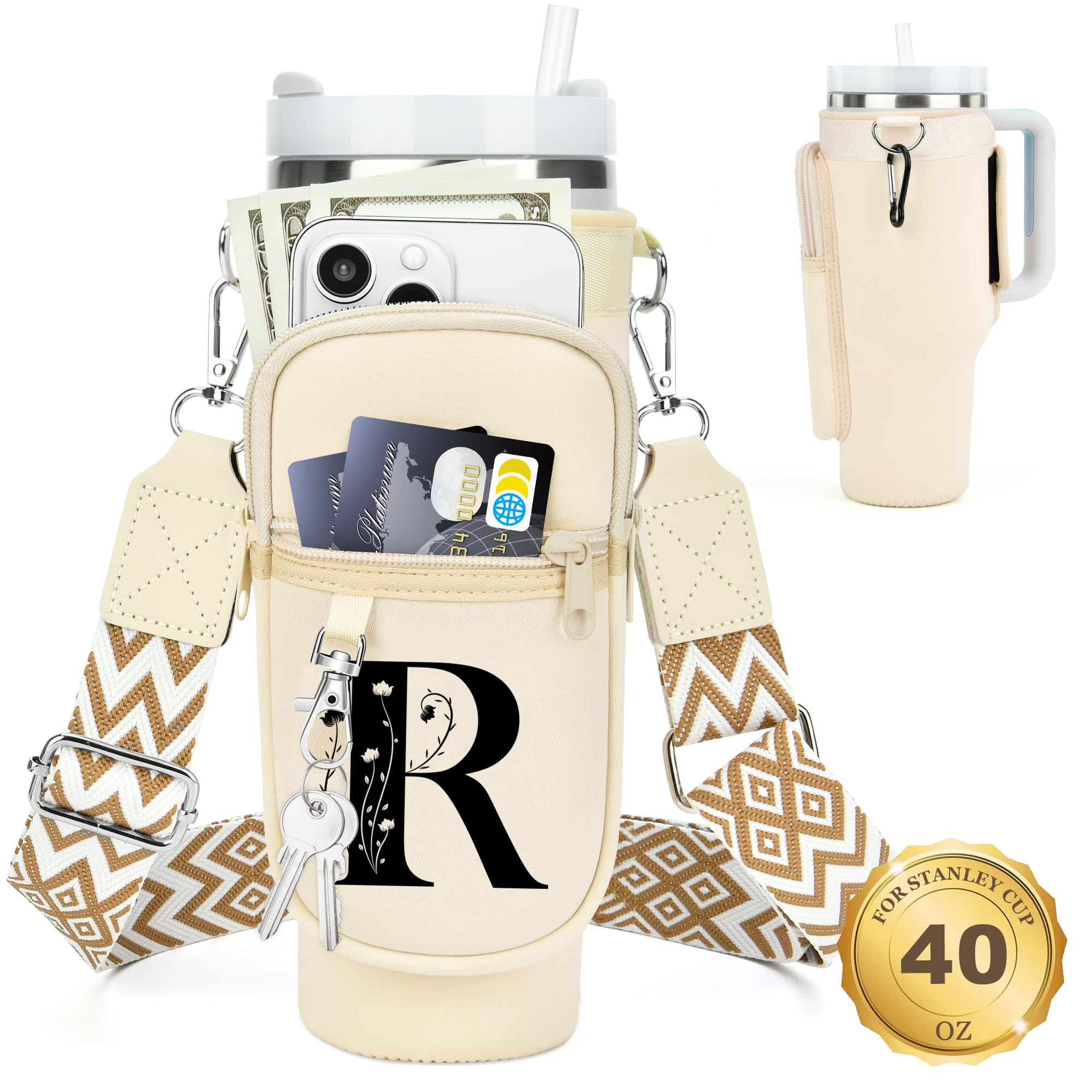 Initial Water Bottle Holder with Strap for Stanley Cup 40 oz Tumbler
