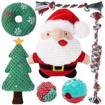 Zeaxuie Christmas Dog Chew Toys for Puppy Gifts - 7 Pack Santa Puppy Toys for Teething Small Dogs, Cute Puppy Chew Toys with Rope Toys, IQ Ball and Squeaky Dog Toys