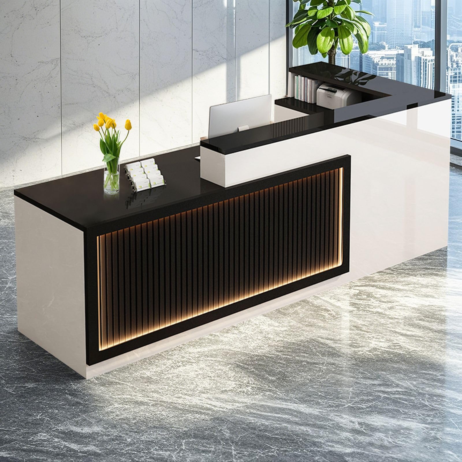 L Shaped Reception Desk, Solid Wood Front Desk with Counter & Lockable Drawers, Retail Checkout Customer Service Counter for Home Office Lobby Store,(G,63in-Left)