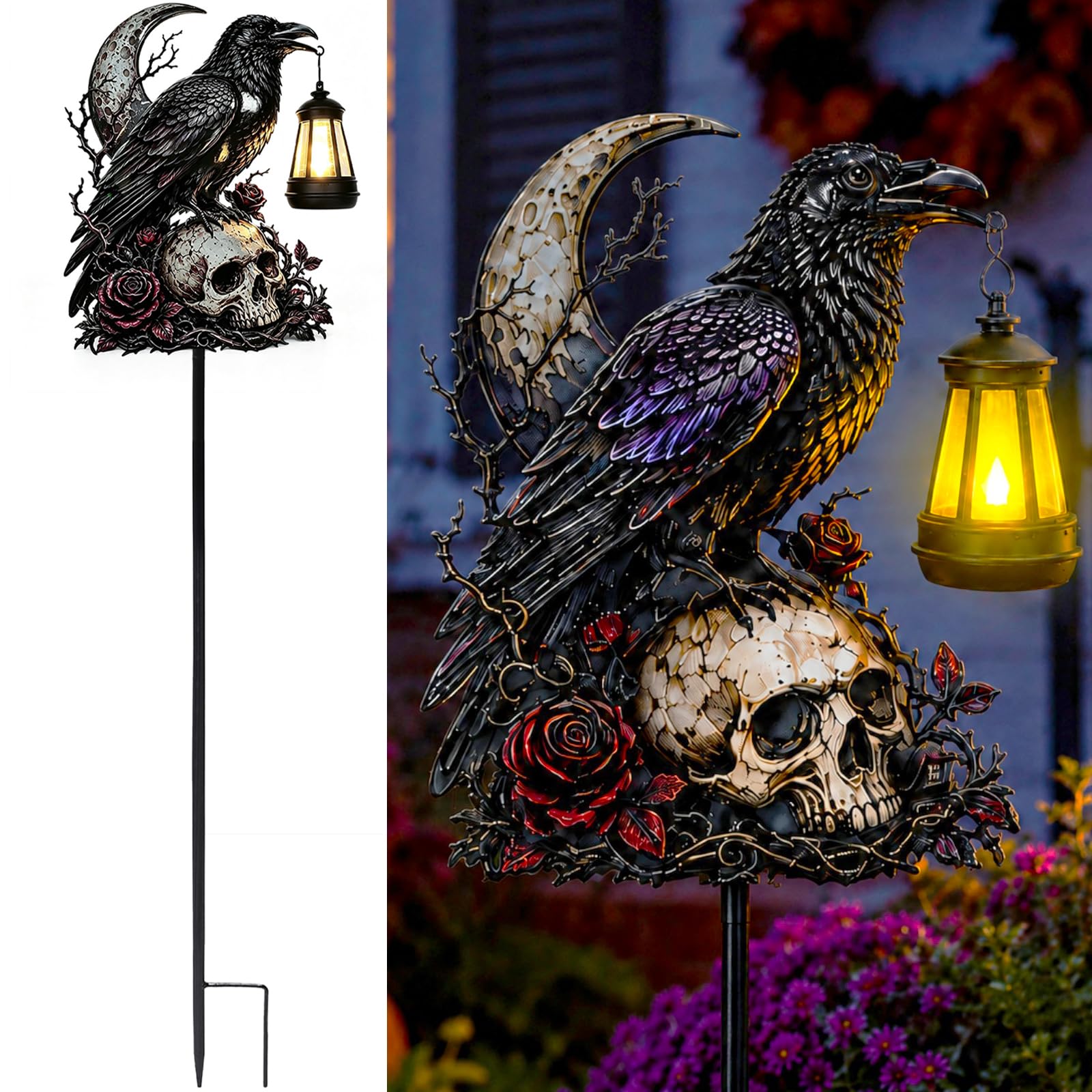 Halloween Garden Decorations Outdoor, Crow Skull Solar Garden Stake with Lantern Light, Gothic Halloween Yard Decor for Lawn, Pathway, Flower Bed and Front Porch