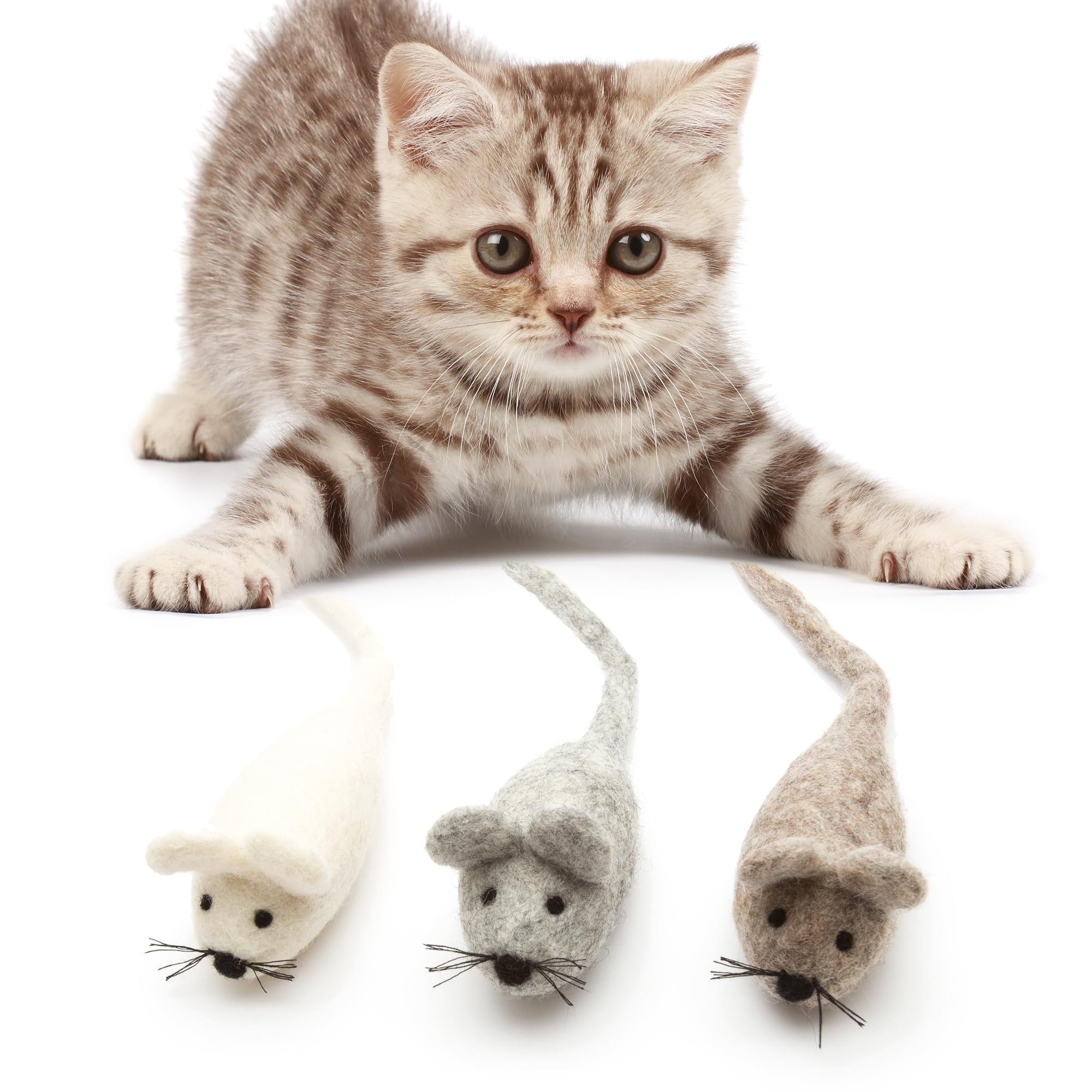 Glaciart One Giocattolo per Gatti in Feltro a Forma di Topo – 3 Pezzi | Arricchimento Morbido e Soffice 100% Lana Naturale - Set di Giocattoli Interattivi con Erba Gatta per Gatti - Sicuro per Animali