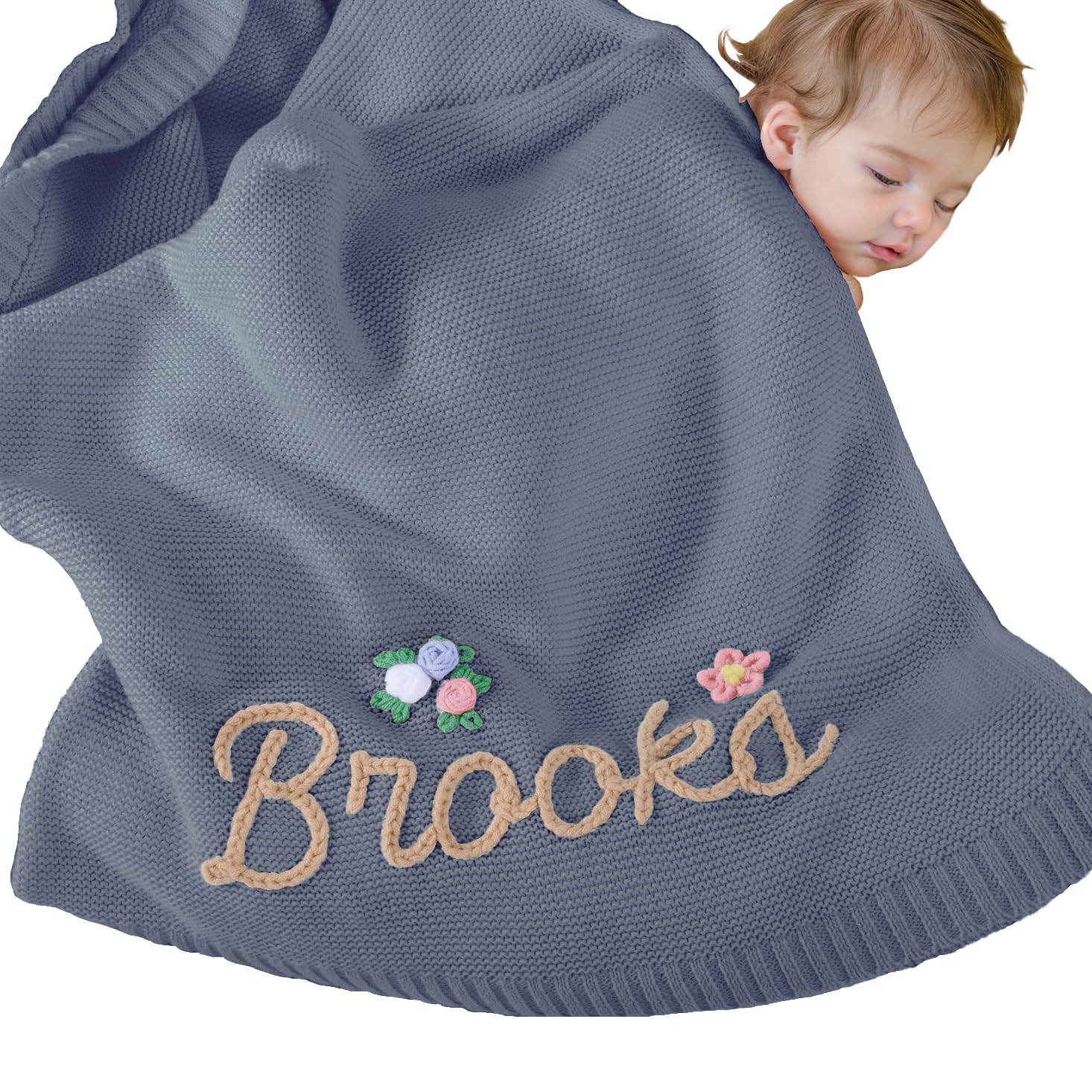 REQTYUI Personalized Baby Blanket for Boys Girls with Hand Embroidered Name Super Soft Blanket, Custom Warm Lightweight Baby Receiving Blankets Backing for Toddler Nursery(Gray)