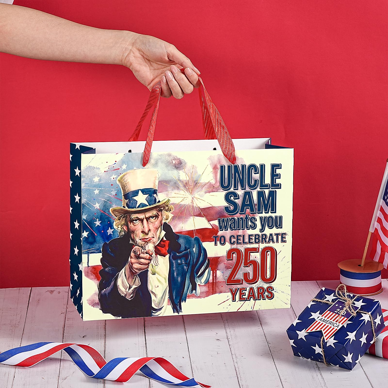 Loveinside 13" Large 250 Years Patriotic Gift Bag, Uncle Sam Red White Blue Design Gift Bag with Tissue Paper for 4th of July, America 250th Anniversary Celebration, 13" x 5" x 10", 1 Pcs