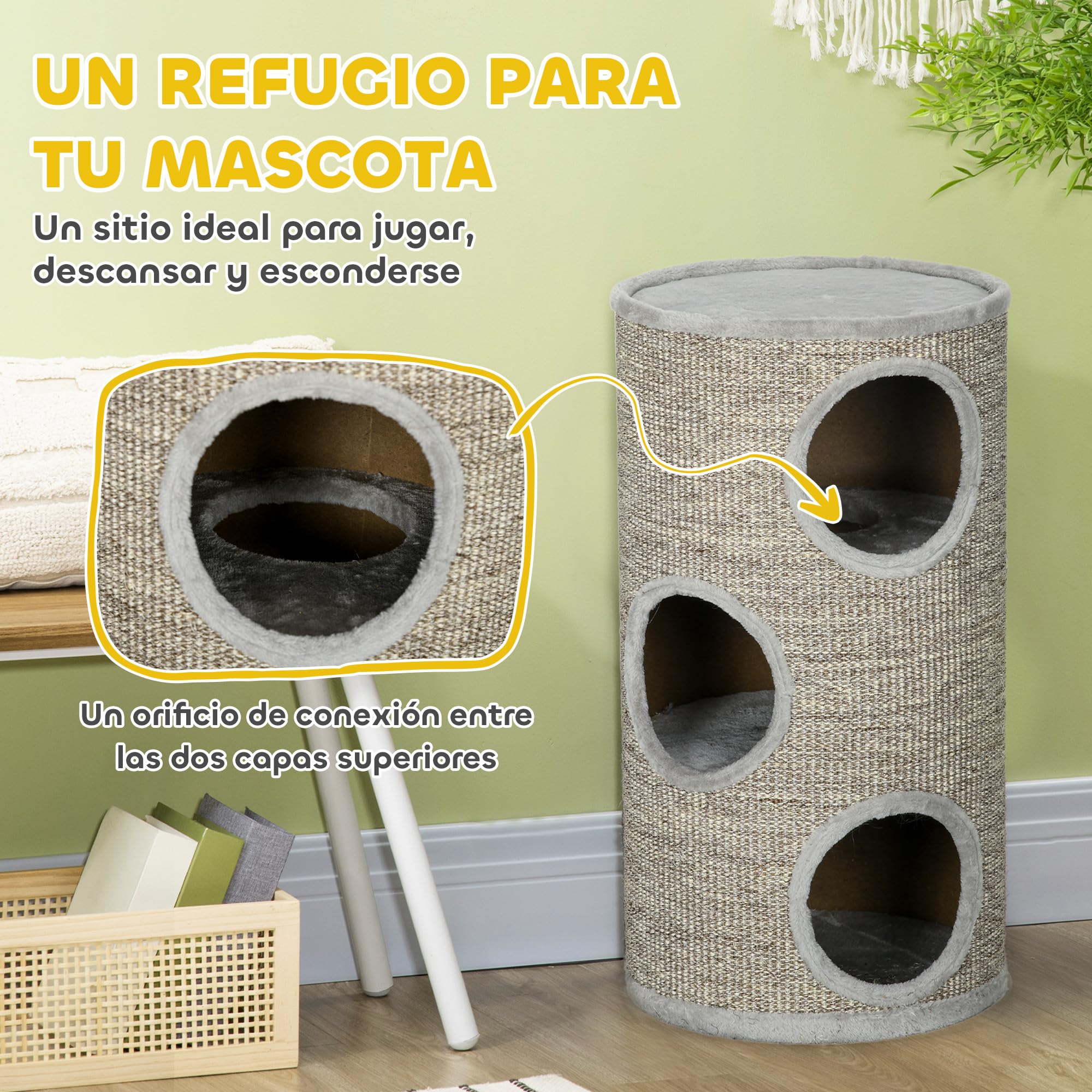 PawHut Barril Rascador para Gatos de 3 Niveles Torre Rascador para Gatos con 3 Entradas y Cubierta de Sisal Ø38x70 cm Gris Claro