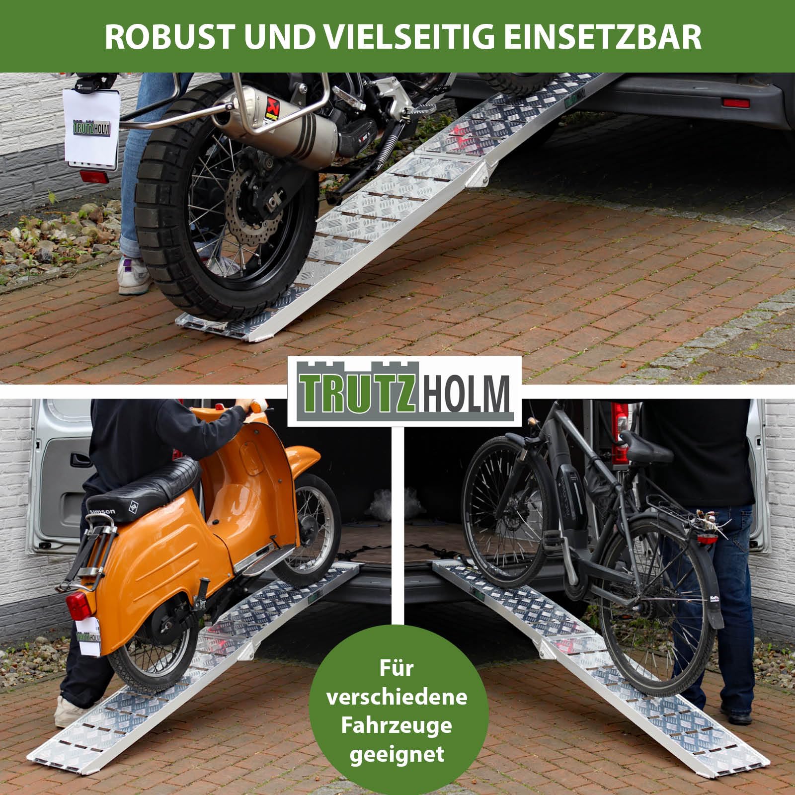 TRUTZHOLM 1x Alu Auffahrrampe klappbar 226 cm Traglast 680 kg grau Motorradrampe Verladerampe für Motorrad, Quad, ATV, Rasenmähertrecker Heavy Duty, extrem leicht