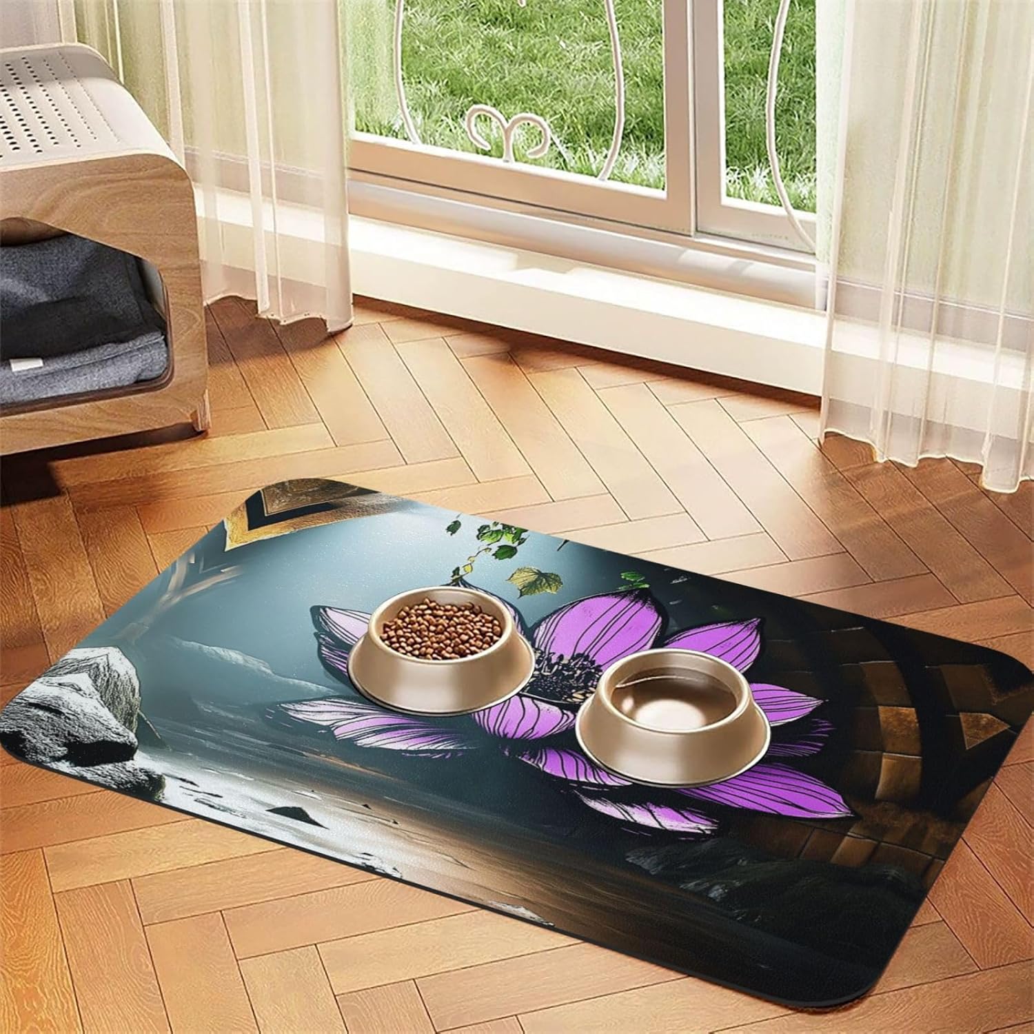 Lotus Flowers, Urban Ruins Pet Feeding Mat Dog Cat Eating Food Absorbent Leather Tablecloth for and Water Bowl Waterproof No Stains Quick Dry Non-Slip 23.62 * 15.75IN