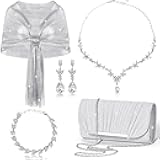 Sparkling Shawls and Wraps with Buckle, Clutch Bag and Jewelry Set for Women Homecoming Evening Dresses(Silver)