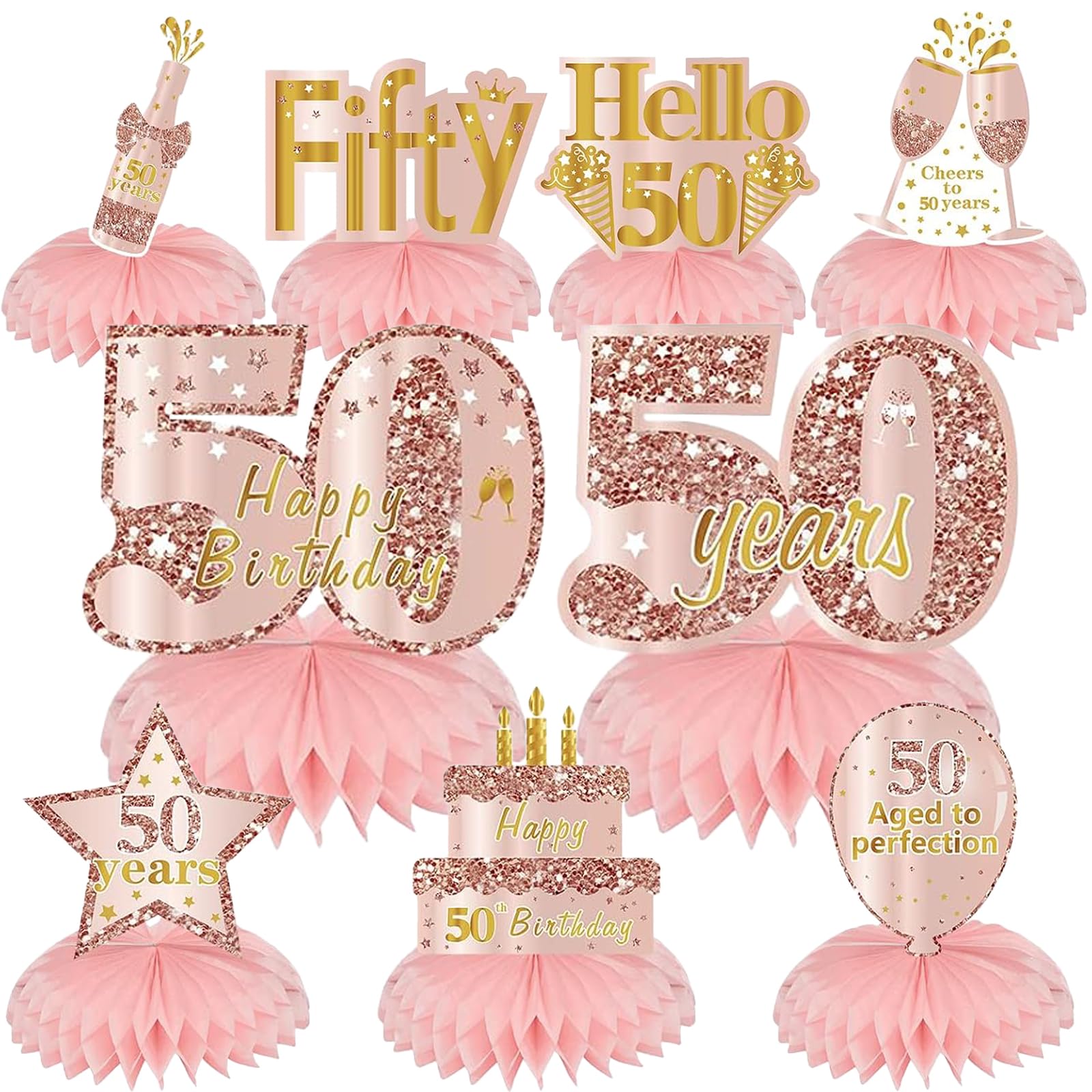 50th Birthday Table Decorations, 9 Pcs Rose Gold Birthday Honeycomb Centerpieces, Cheers to 50 Years Party Centerpieces, 50th Birthday Decorations for Women Girls Party Supplies Favors Celebration — image 1