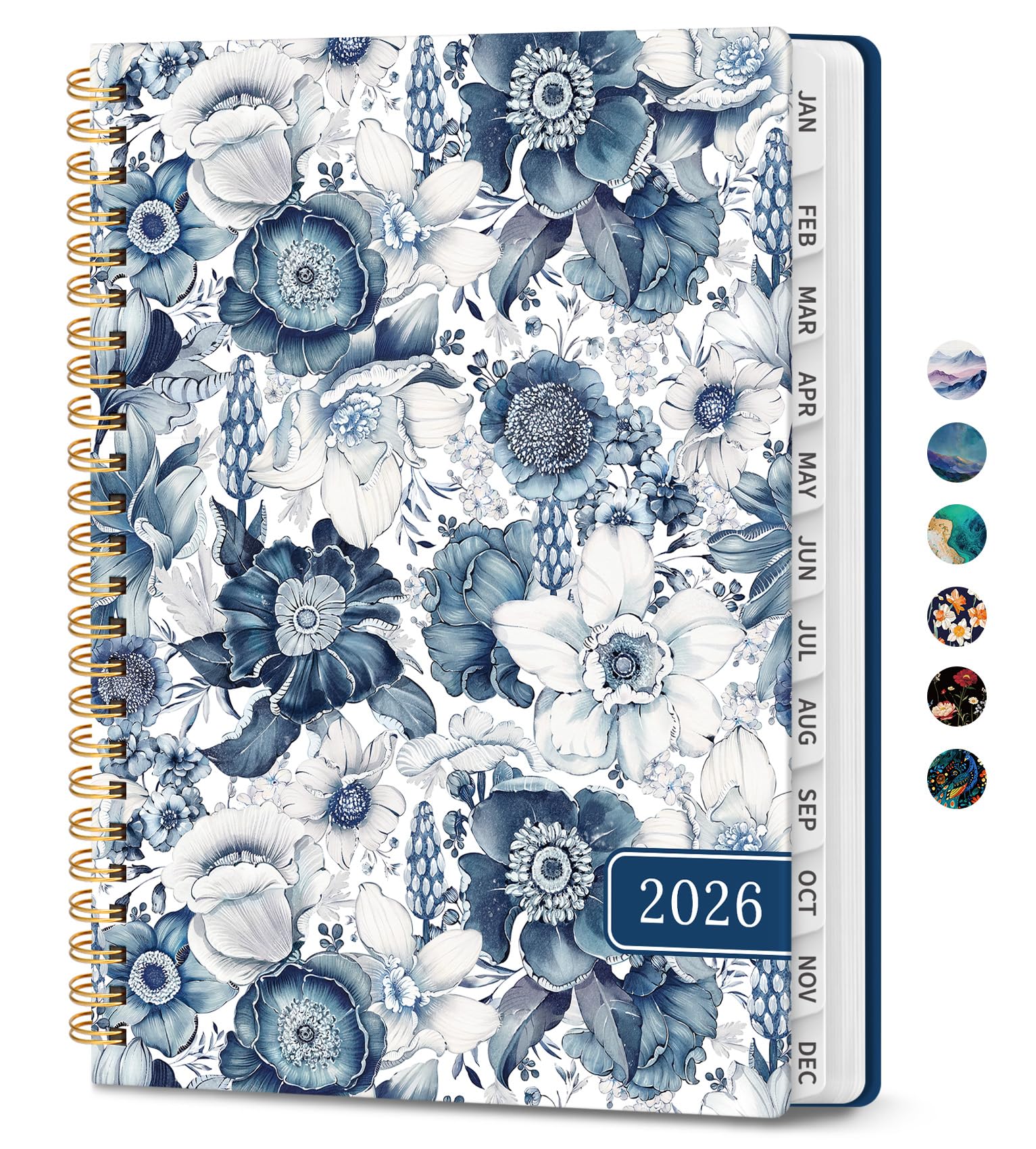 2026 Planner, Monthly and Weekly Calendar Planner for Women, January 2026 - December 2026, Hardcover Pretty 2026 Agenda Planner Book with Tabs, Spiral Bound, Perfect for School Office Home Supplies A-Blue Floral (6.3