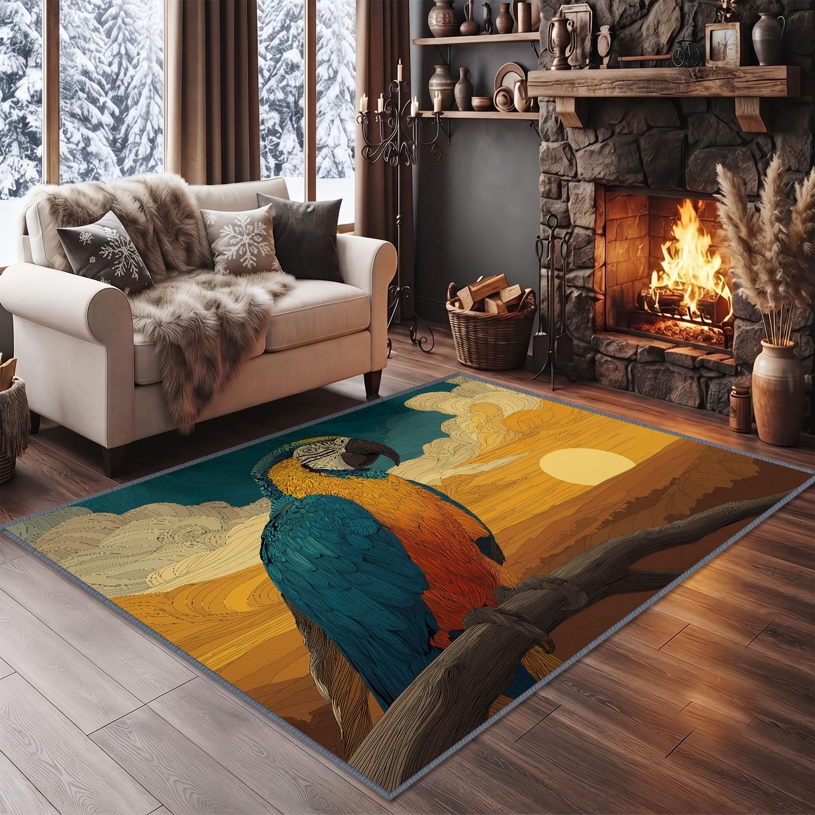Kurzflor Teppich Wohnzimmer Tropische Tiere Aras Flauschig Weiche Anti Rutsch Unterseite Teppiche für Kinderzimmer Schlafzimmer Küche, Pflegeleicht Waschbare Fußmatte, Gelb, 180 x 240 cm