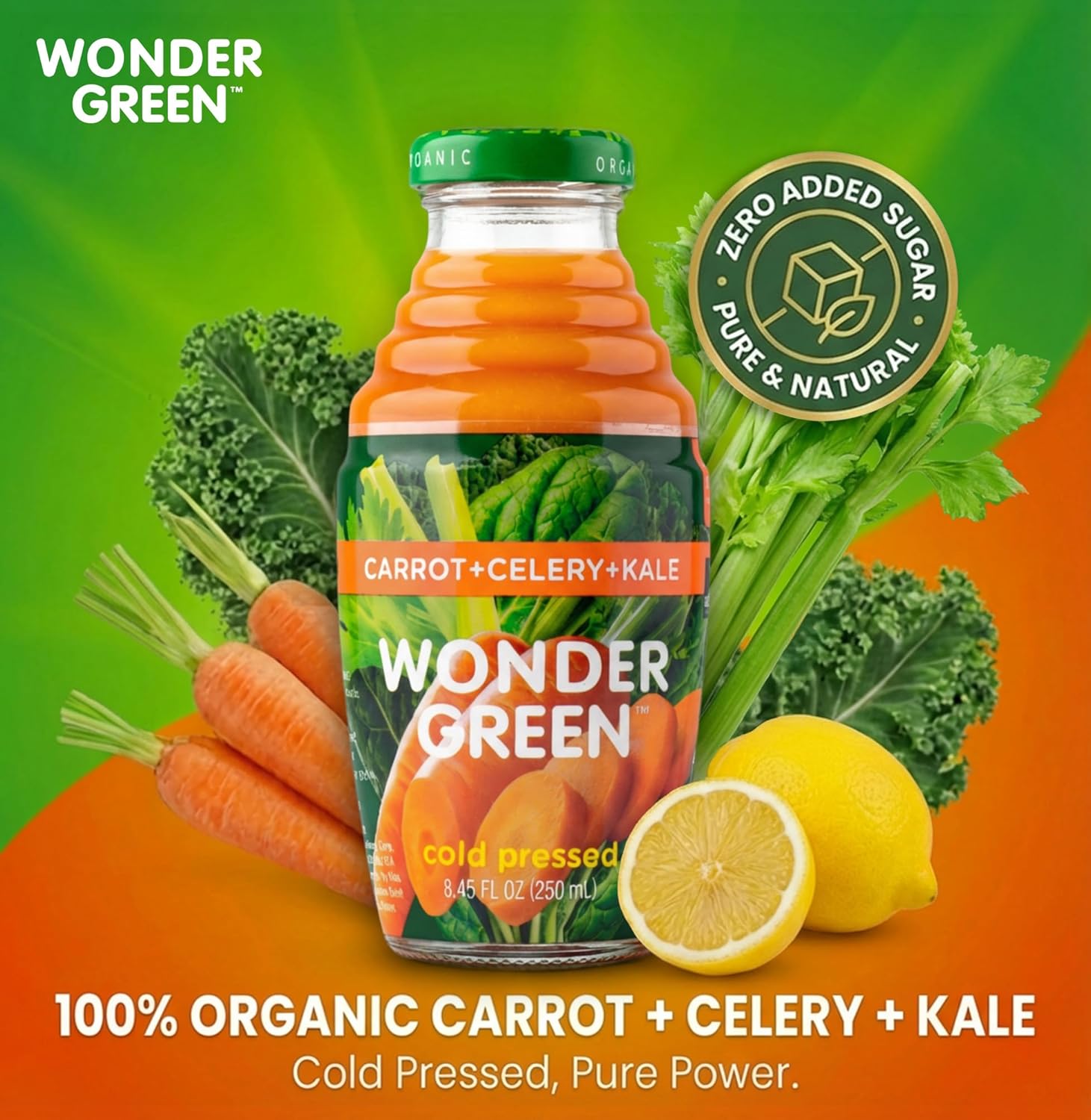 Wonder Green 100% Organic Carrot, Celery & Kale Cold Pressed Juice, 8.45 oz (6 Pack) | Vegetable Juice Blend, All Natural, No Additives or Preservatives, Not from Concentrate