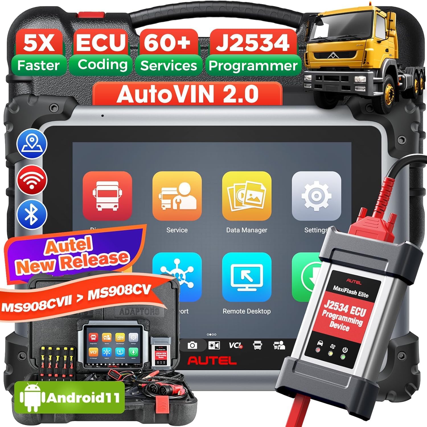 Autel MaxiSys MS908CV II Truck Scanner: 2025 Heavy Duty Tool MaxiSys CV II for Semi Commercial Truck, J2534 ECU Coding, All System Diagnosis, Active Test, 64 Service as MS909CV, Elite II Pro, Snap-on