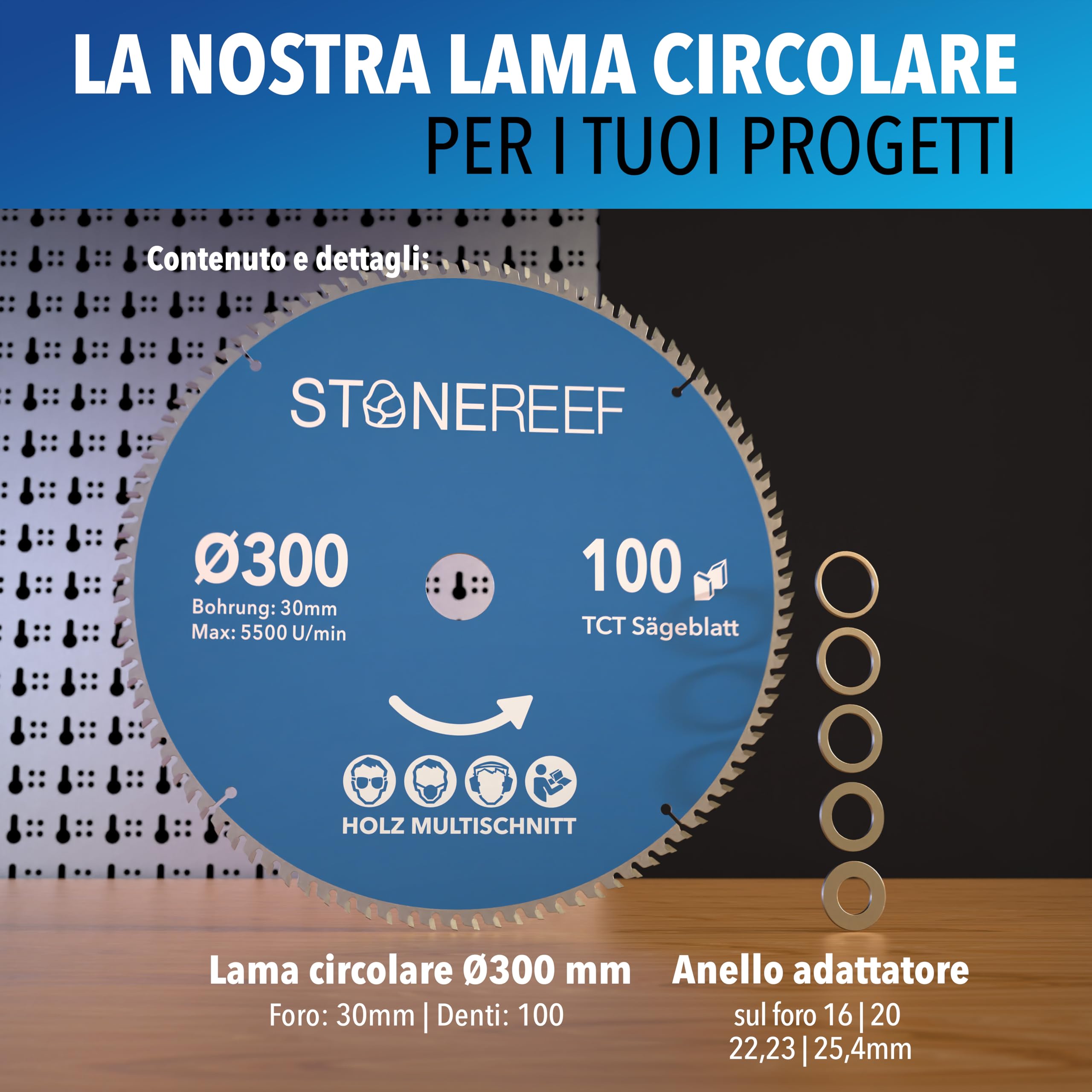 Lama per sega circolare 300 x 30 cm, con adattatore su foro da 20 e 16 mm, compatibile con smerigliatrice angolare Bosch, Makita ecc. – Lama per sega circolare – per legno, metallo e alluminio