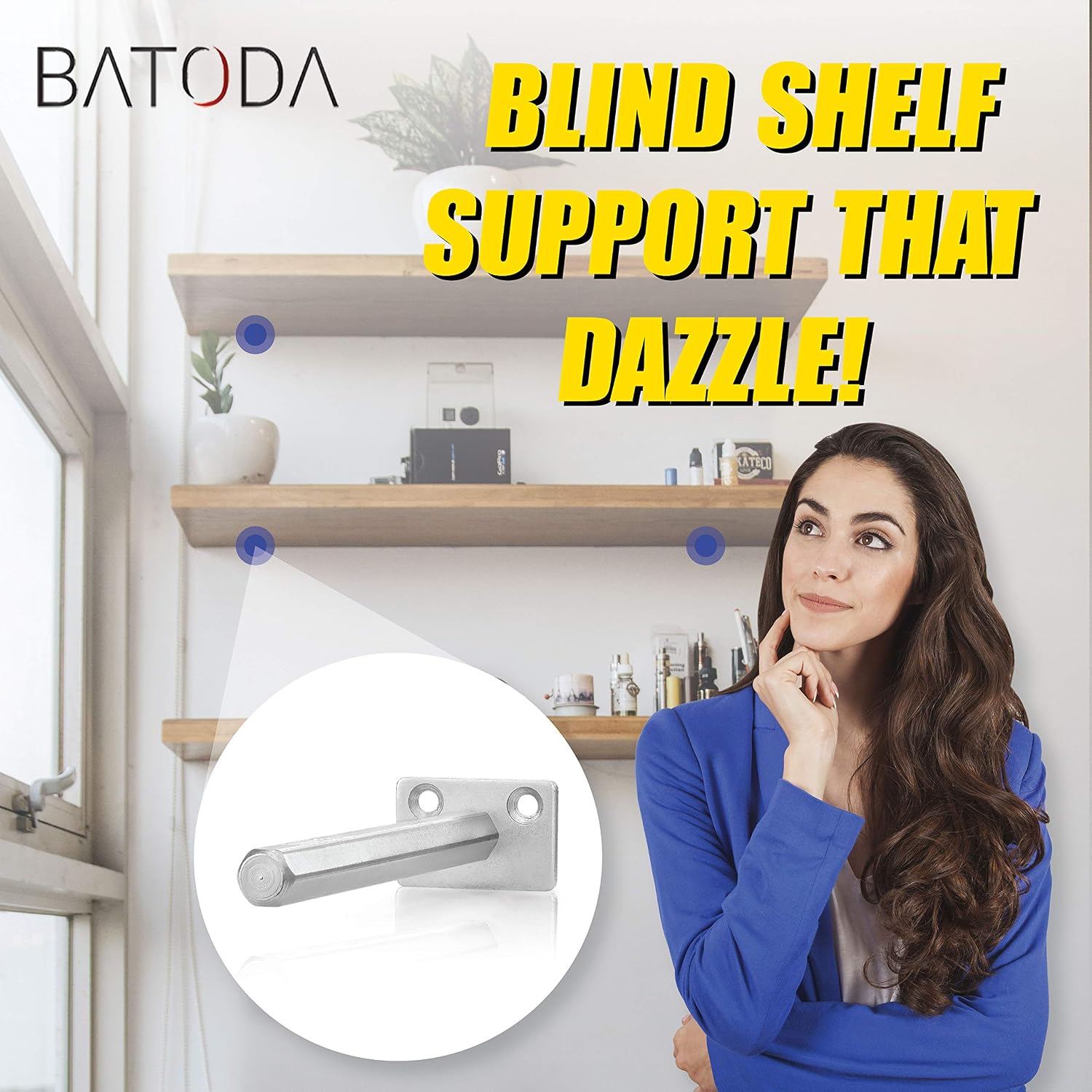 BATODA Floating Shelf Bracket - Blind Shelf Supports - Hidden Brackets for Floating Wood Shelves - Invisible Support for Shelf – Screws and Wall Plugs Included (4 Pack)