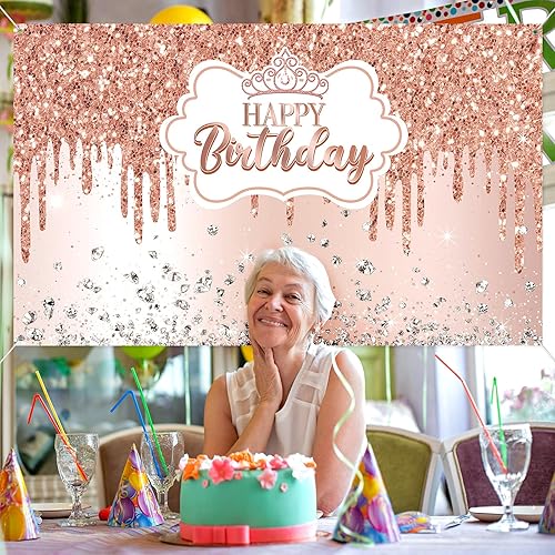 Miniatura 7 de Telón de fondo de feliz cumpleaños de oro rosa para niñas y mujeres, pancarta de feliz cumpleaños de oro rosa con purpurina, fondo de fotografía de