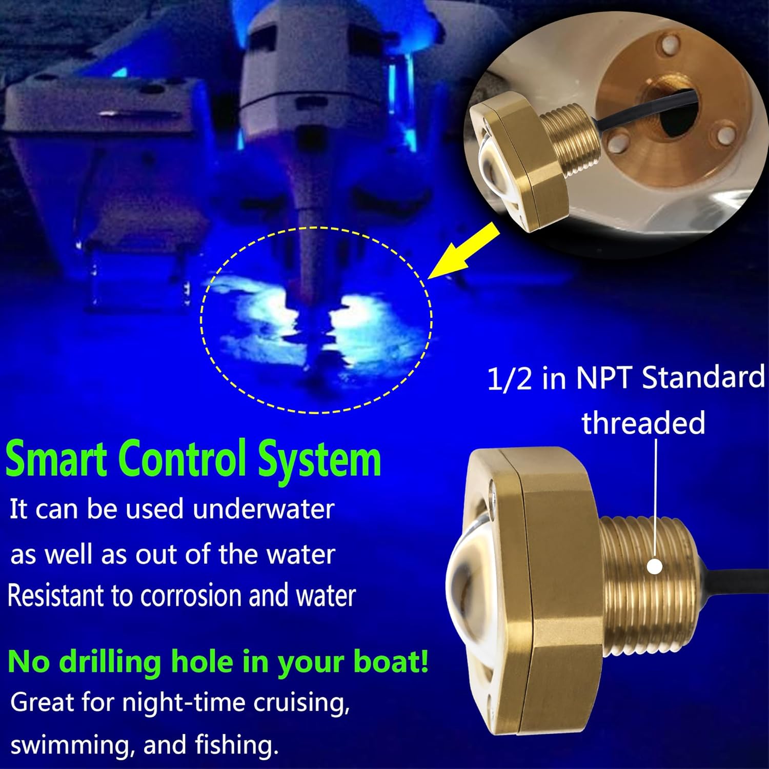 2 Pcs Standard 1/2in NPT Boat Drain Plug Light IP68 Waterproof RGB Underwater Boat Trailer Light with APP RF Remote Control for Fishing Swimming Divinng, Smart Cooling System,4100LM