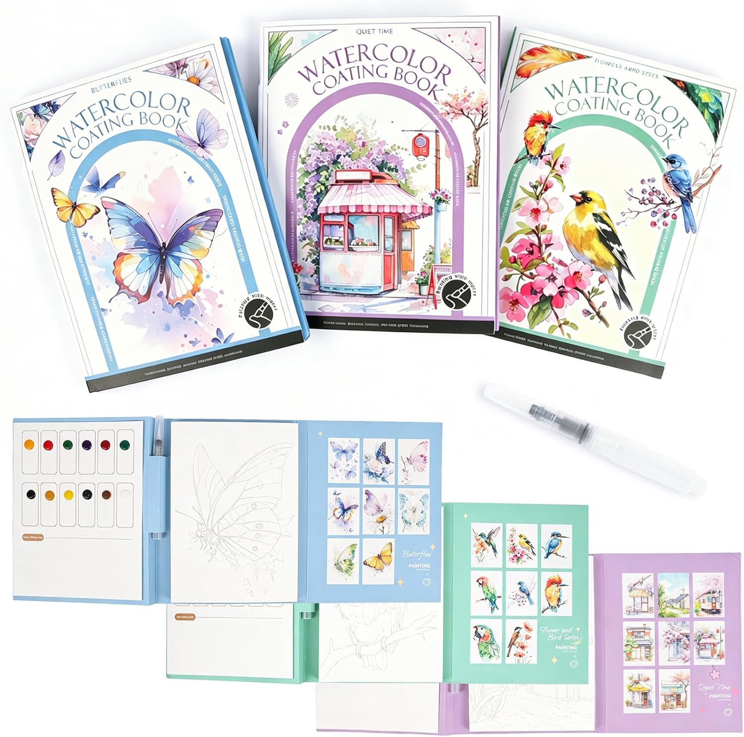 3-Pack Watercolor Painting Books for Adults & Beginners, All-in-One Watercolor Kit with 3-Fold Pads, Pre-Printed Pages, Paint Set & Brushes, Stress Relief Art Supplies(Serene Scenery+Butterfly+Bird)