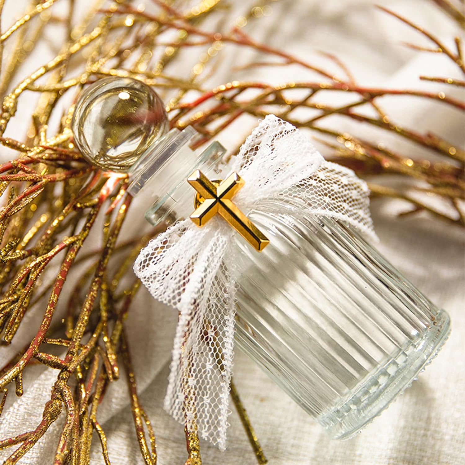 Holy Water Bottles 50ml Catholic Christian Glass Bottles With Cross Lapel Pins Lace Bow for Holy Communion Gifts Empty Container for Church Wedding Party Favors Gift Set (10 Set)