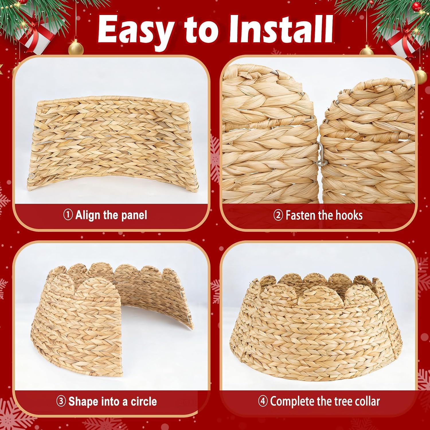 27" Scalloped Hyacinth Christmas Tree Collar Woven Rattan 4-Piece Tree Base Cover, Natural Basket-Style Wicker Tree Skirt for Artificial Trees, Rustic Holiday & Home Decor Display