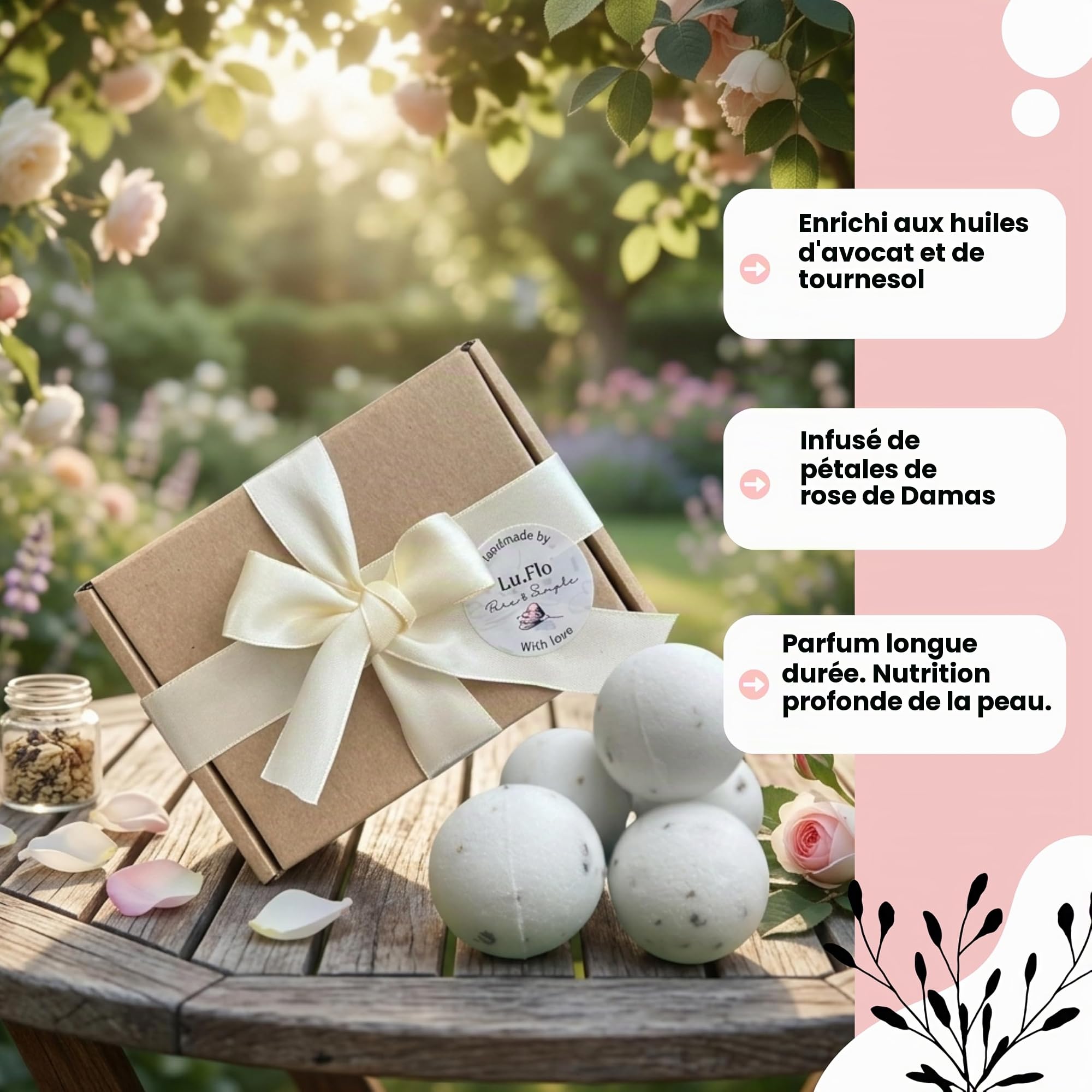 Lu.Flo Boules de Bain Femme 5x60 g, Coffret Cadeau Kraft | Pétales de Rose, Huiles d’Avocat et Tournesol, 97,99 % d’Origine Naturelle