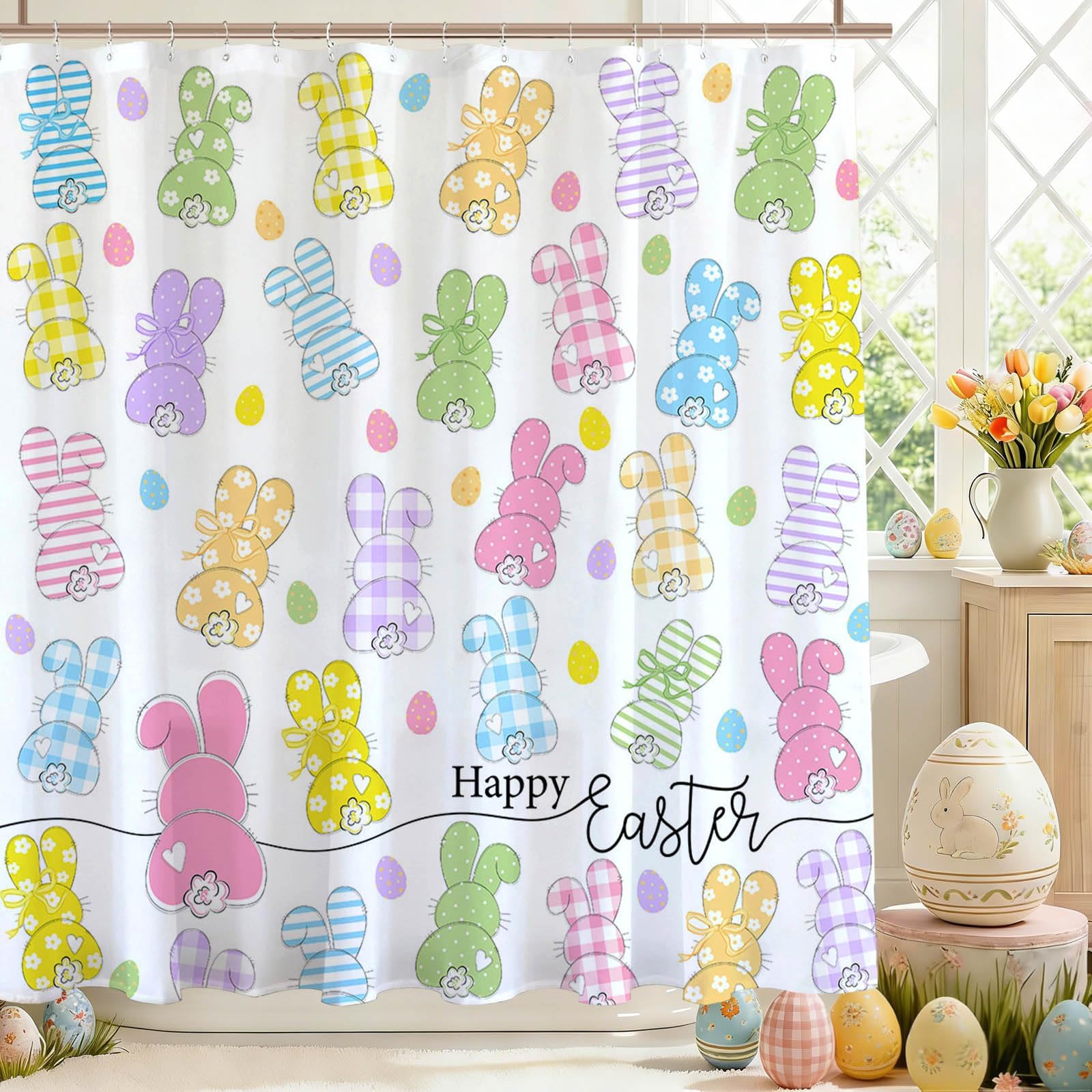 Mocsicka Easter Bunny Shower Curtain Colorful Cute Rabbits Easter Eggs Bathroom Shower Curtain Waterproof Fabric Shower Curtains Bathtub Decor with 12 Hooks 72 X 72 Inches