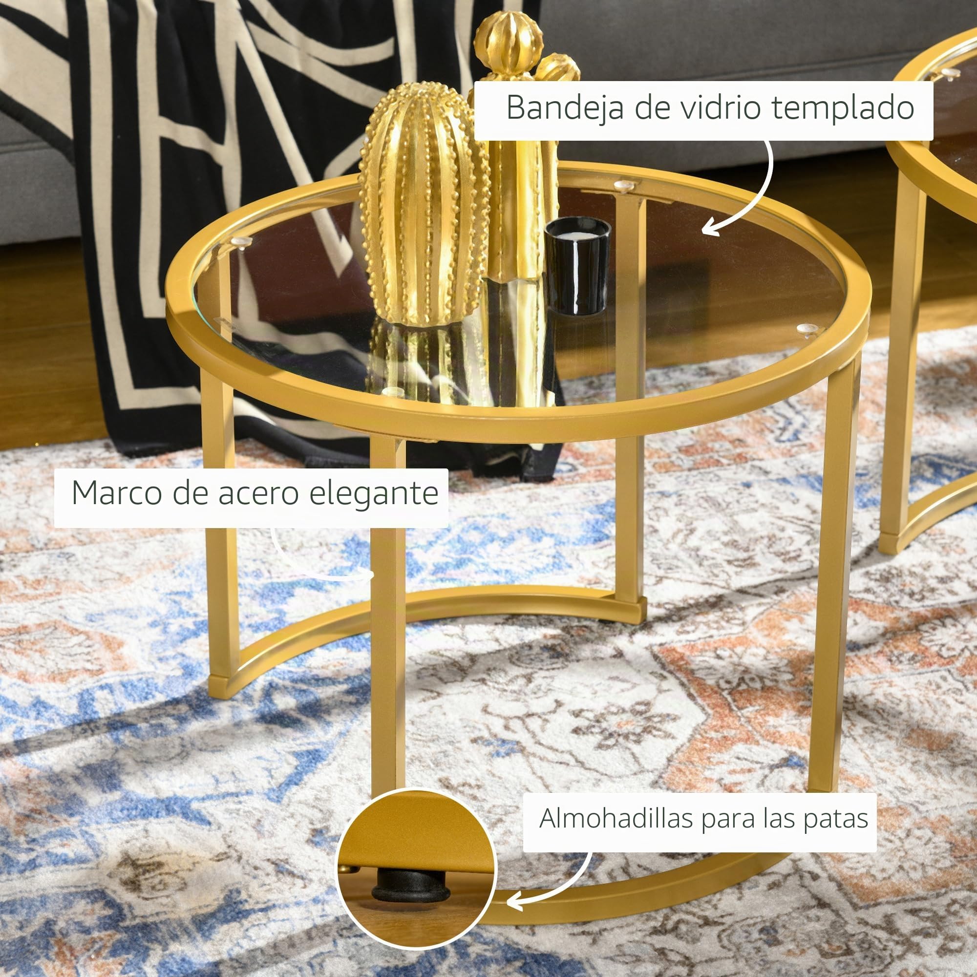HOMCOM Set 2 mesas café sobre Vidrio Templado, Estructura Acero, Dorado | Mesas nido modernas para salón