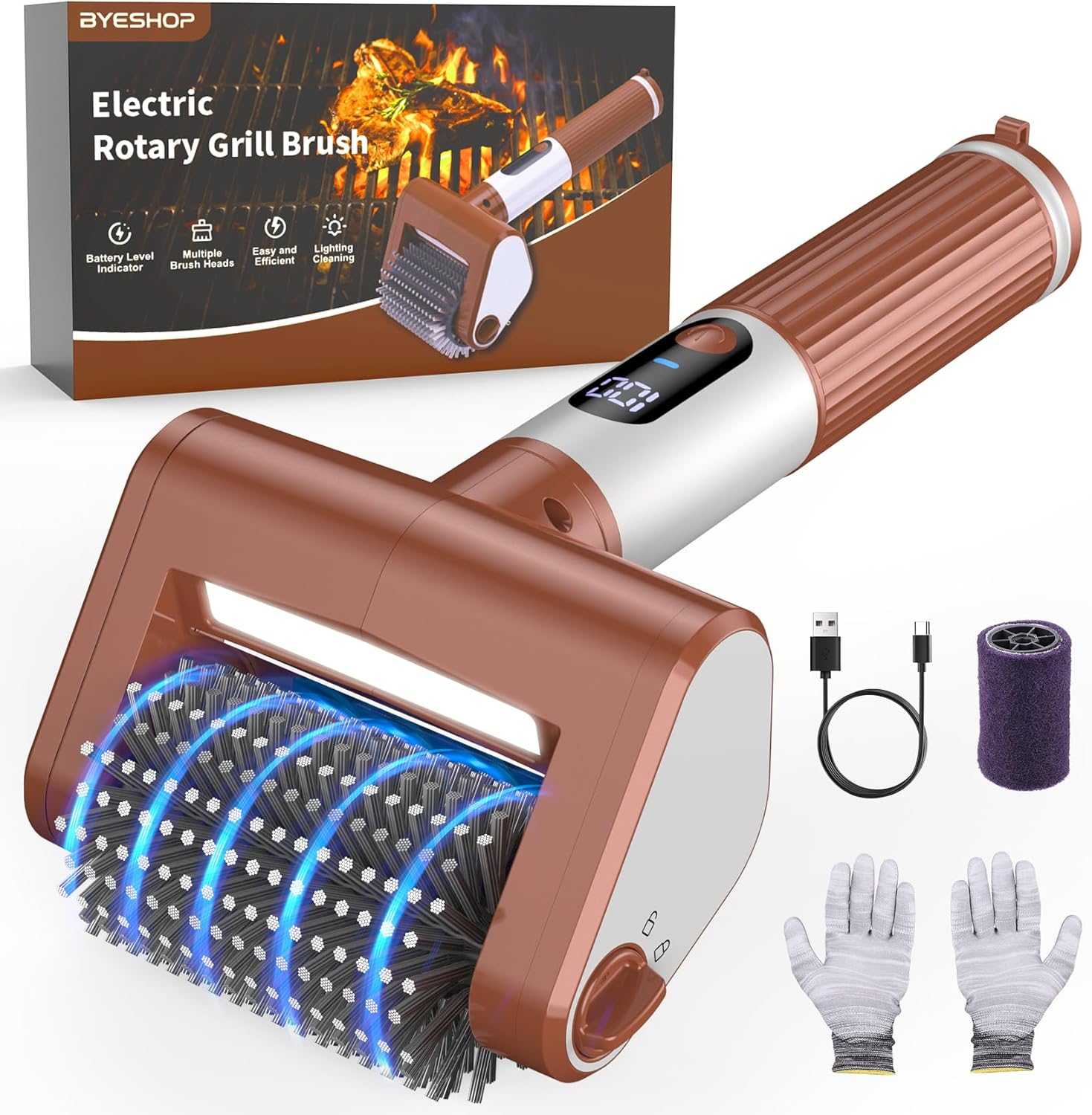 Electric Grill Brush for Outdoor, BBQ Grill Cleaner with Variable Speed, Cordless Grill Brush with Digital Display, Rechargeable Long-Lasting Battery, Waterproof & Replaceable Heads for Grill Cleaning