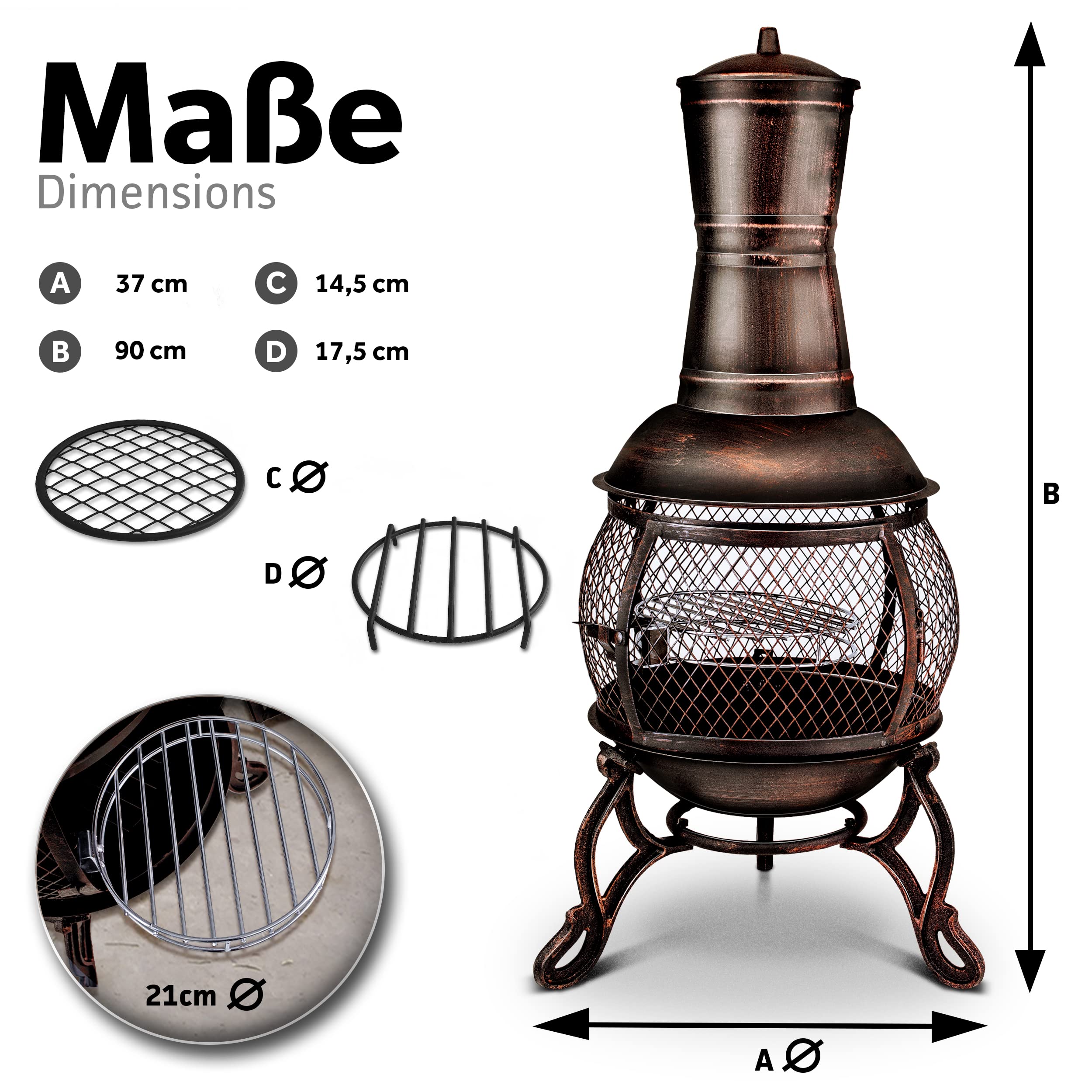 tillvex Terrassenofen mit Funkenschutz und XXL Zubehör | Gartenkamin mit Grillfunktion | Feuerstelle Antik Gartenofen mit Abdeckung BBQ Grillrost Schürhaken Grillzange Bürste (Bronze, 90)