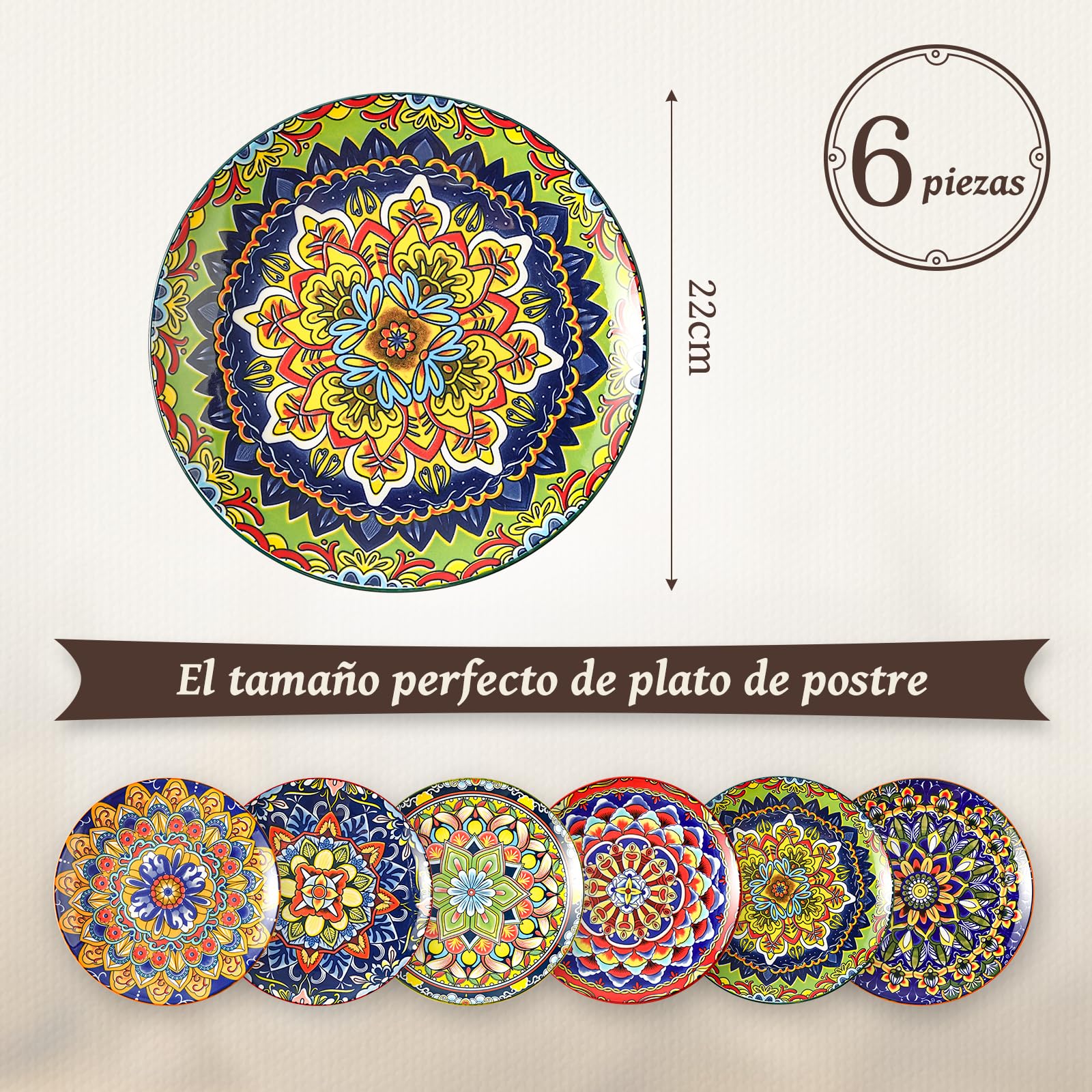 AHX Platos de Postre Colores de Cerámica - Juego de 6 Platos para Ensalada en Estilo Bohemio - Ideal para Servir Desayuno, Aperitivos y Tapas - Apto para Microondas y Lavavajillas - 22 cm