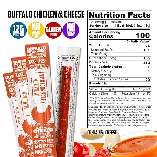 Miniatura 2 de Paquete variado de palitos de carne y queso, pollo y pimienta de búfalo + palitos de carne y queso italianos con 0.44 oz de proteína por barra de