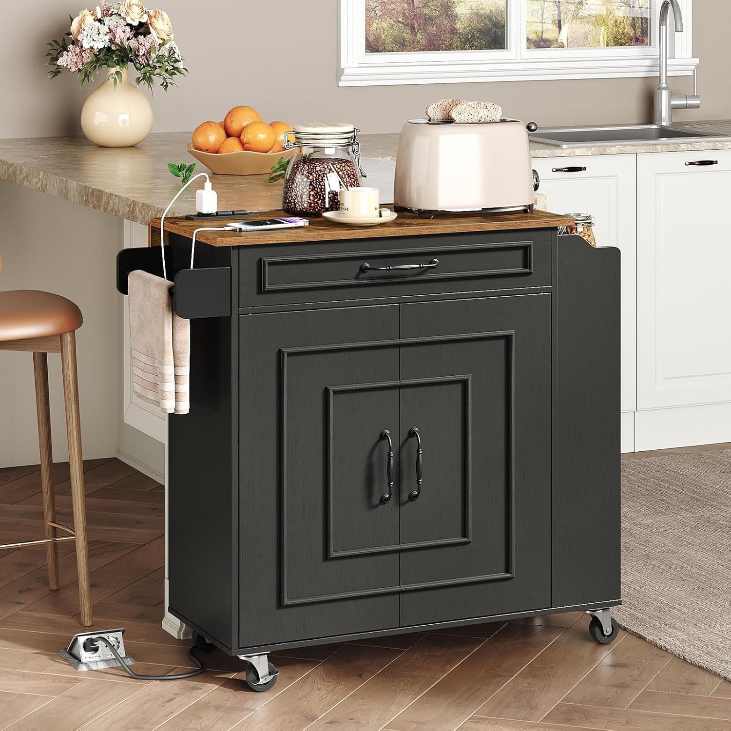 Kitchen Island with Power Outlets & Drop Leaf, Rolling Kitchen Cart on Wheels, Kitchen Storage Island with Spice Rack and Drawer for Kitchen, Dinning Room, Black and Rustic Brown