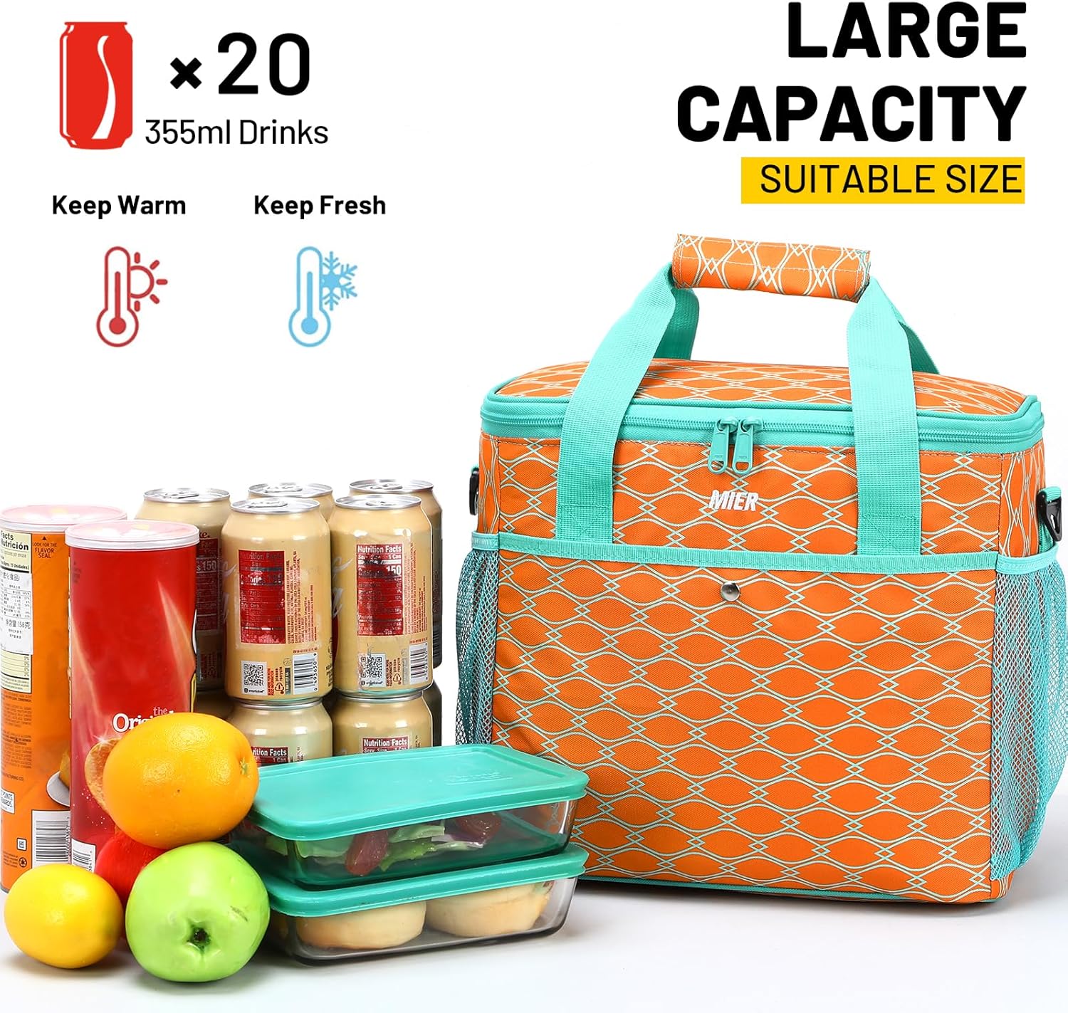 MIER 18L Large Soft Cooler Insulated Picnic Bag for Grocery, Camping, Car, Bright Orange Color