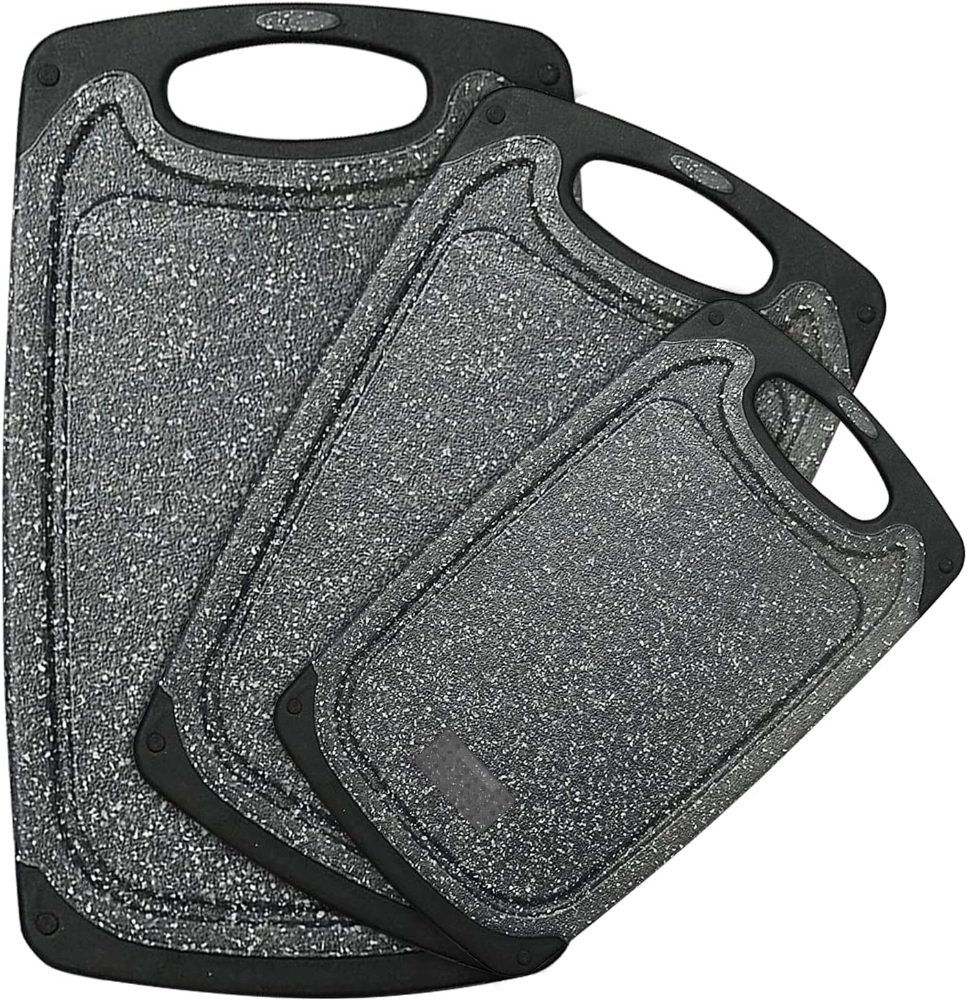 Plastic Cutting Board, 3 Pieces Dishwasher Safe Cutting Boards with Juice Grooves, Easy Grip Handle, Non-Slip, with Grinding Area for Grinding Garlic and Ginger（Dark Grey, XL）