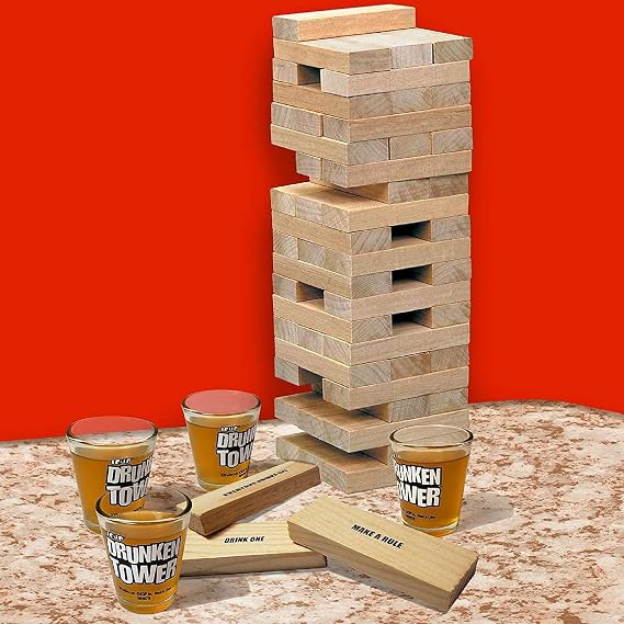 ICUP Party Tower Game, Wooden Stacking Blocks with 4 Mini Glasses and 60 Blocks, Adult Party Challenge for Game Nights and Gatherings